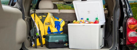 P27 12V cool box in the back of an SUV with lifejackets and fishing equipment