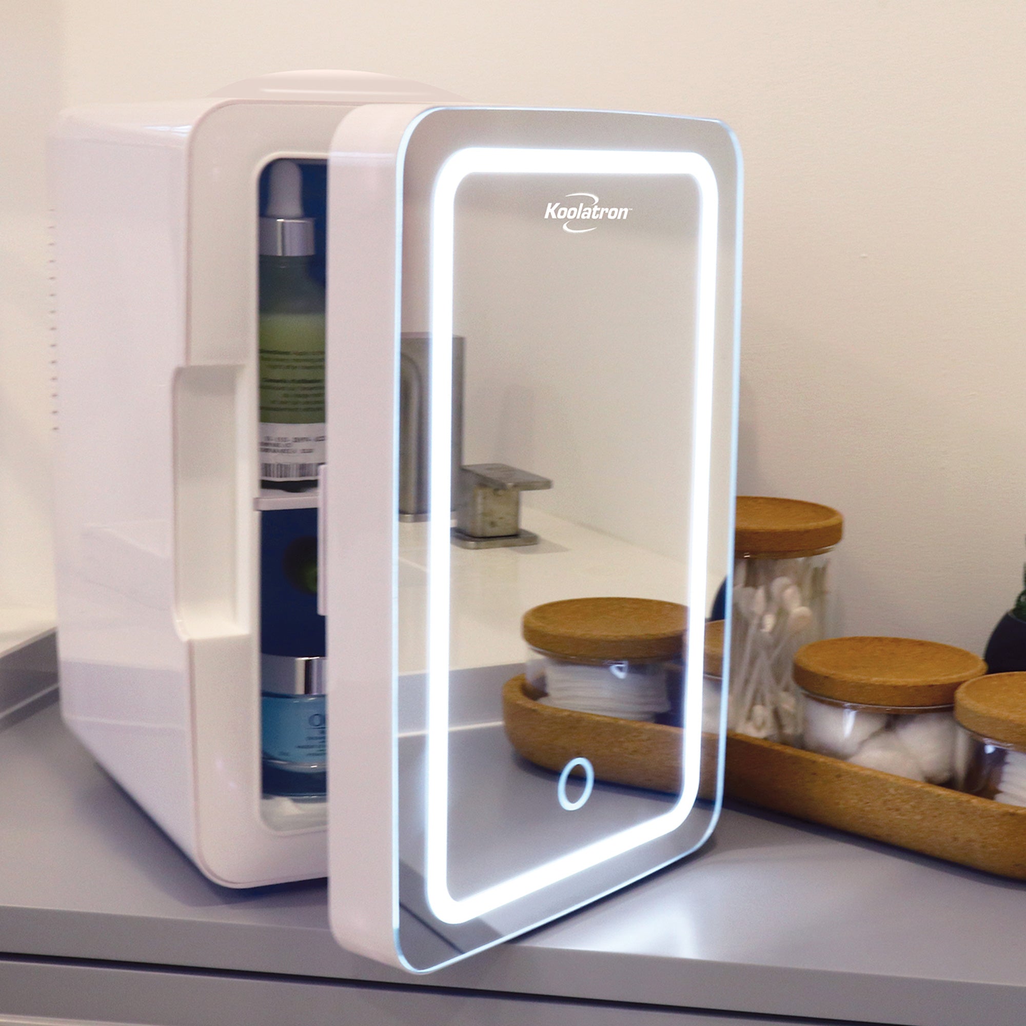 Koolatron Cosmetic Mini Fridge, LED Lighted Makeup Mirror, 6L Portable Skincare Refrigerator, 12V DC and 220V AC Cords (White, Silver)