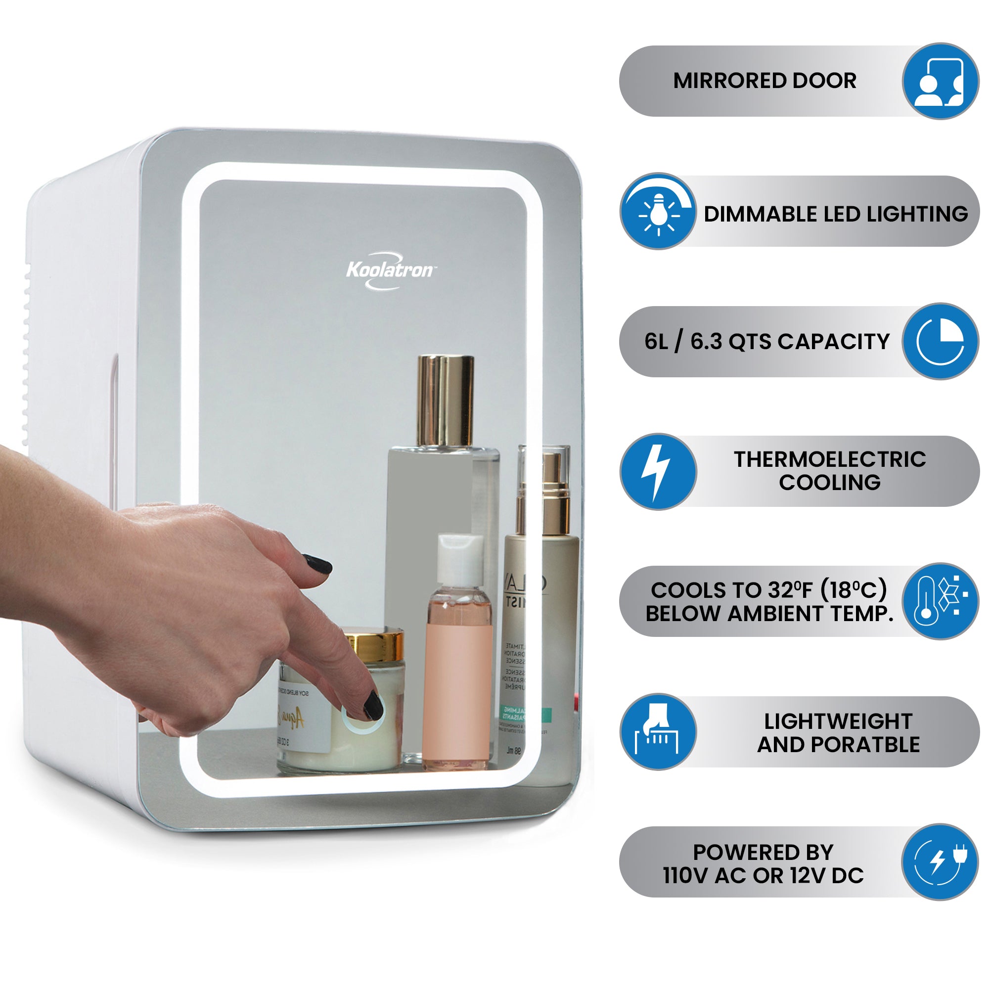 Koolatron Cosmetic Mini Fridge, LED Lighted Makeup Mirror, 6L Portable Skincare Refrigerator, 12V DC and 220V AC Cords (White, Silver)