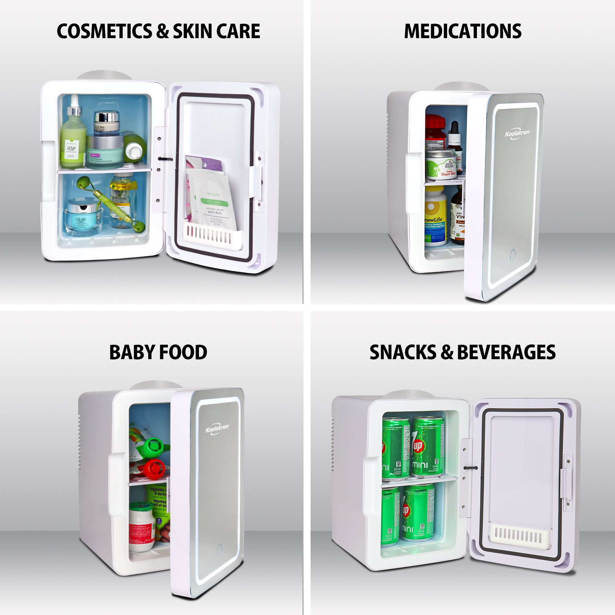 Koolatron Cosmetic Mini Fridge, LED Lighted Makeup Mirror, 6L Portable Skincare Refrigerator, 12V DC and 220V AC Cords (White, Silver)