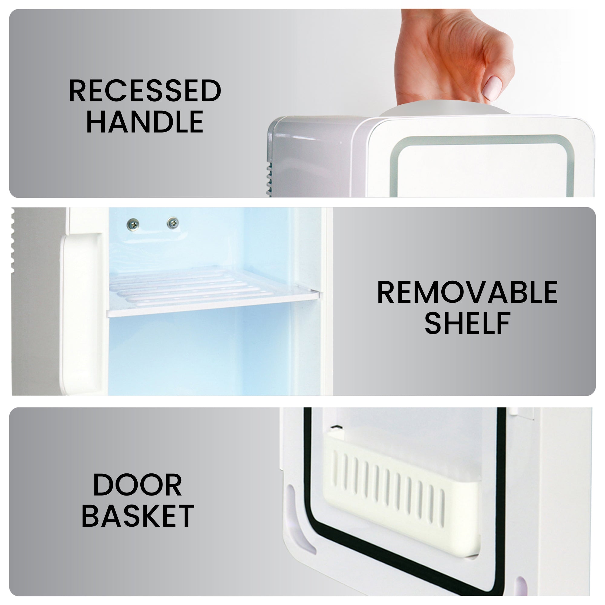 Koolatron Cosmetic Mini Fridge, LED Lighted Makeup Mirror, 6L Portable Skincare Refrigerator, 12V DC and 220V AC Cords (White, Silver)