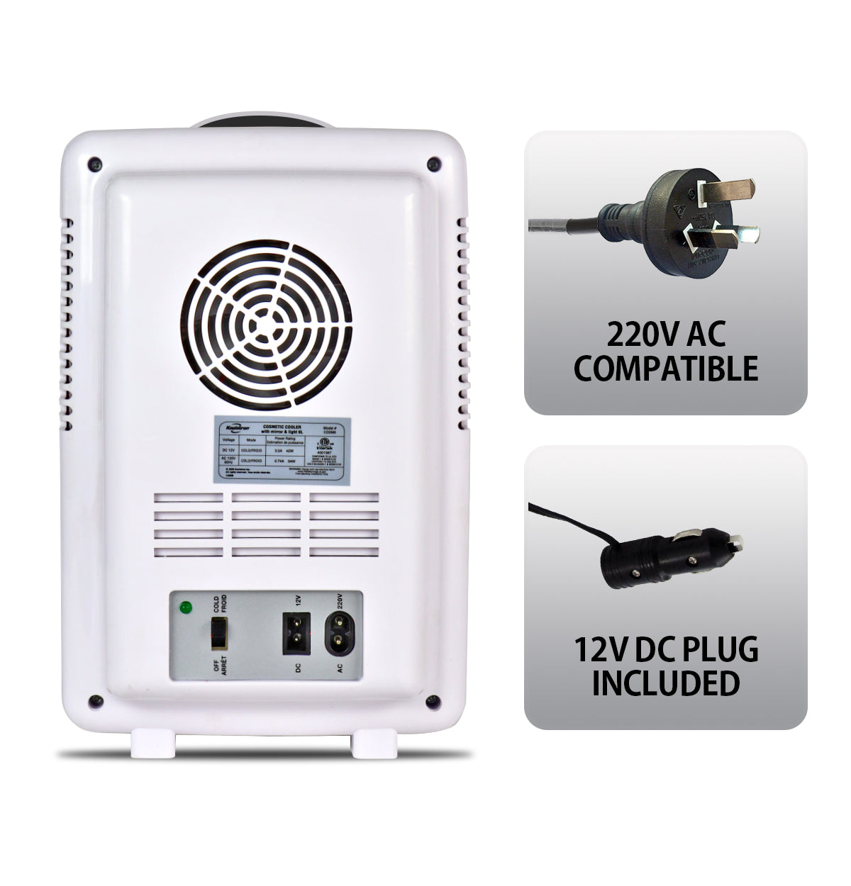 Koolatron Cosmetic Mini Fridge, LED Lighted Makeup Mirror, 6L Portable Skincare Refrigerator, 12V DC and 220V AC Cords (White, Silver)