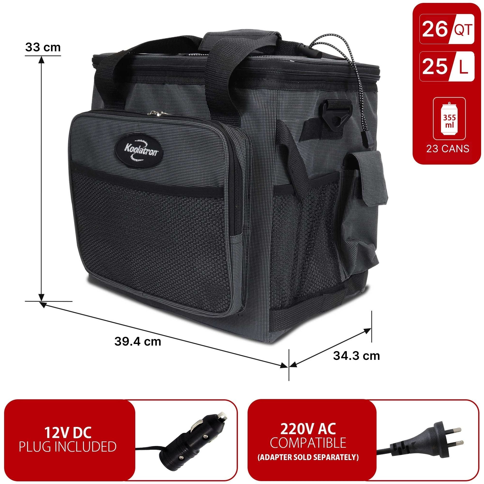 Koolatron 12V travel fridge, closed on a white background with dimensions and capacity labeled. Two inset images below show power adapters with text reading "12V DC plug included; AC compatible (adapter sold separately)"
