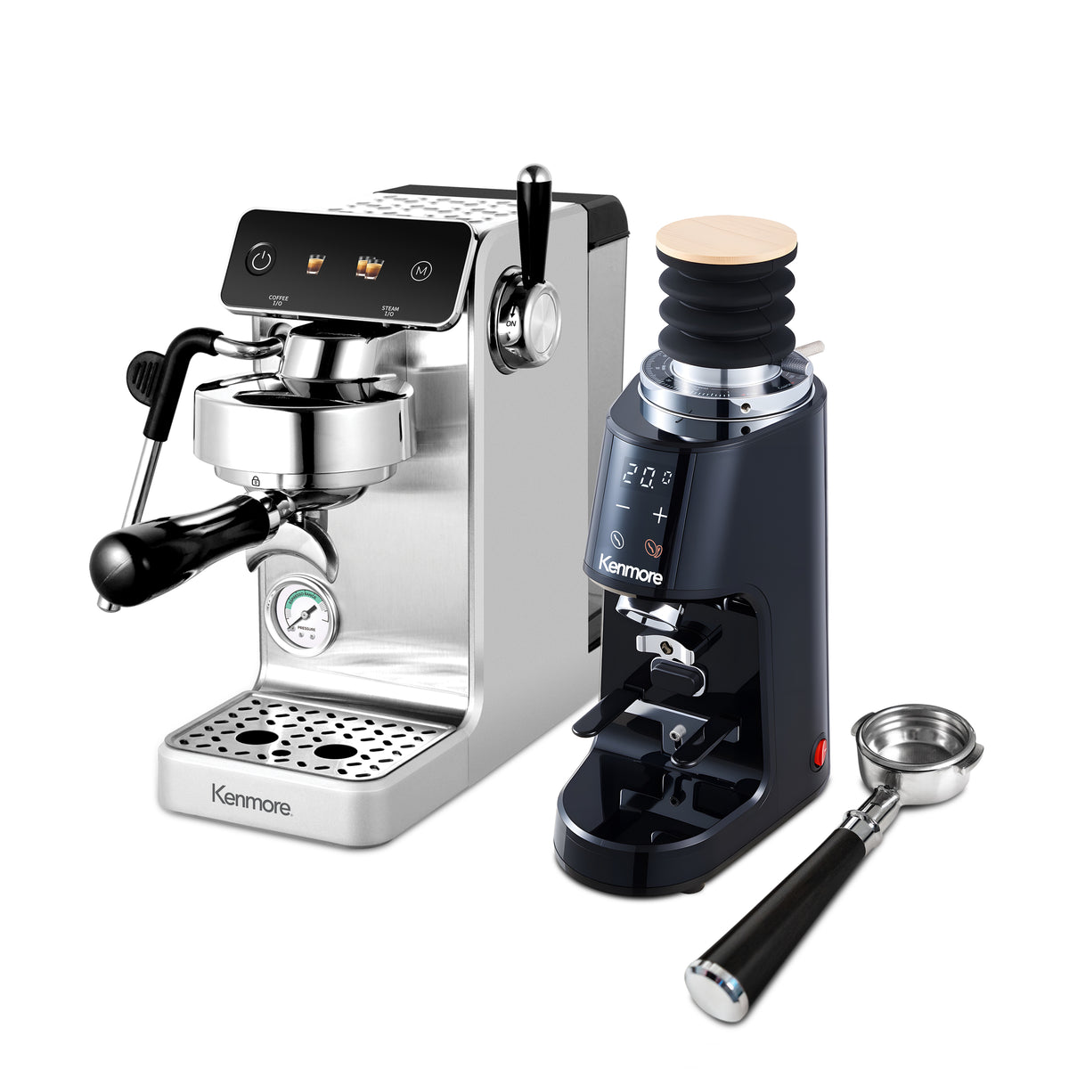 Kenmore Dualis Espresso Machine + Grinder, Dual Thermoblock Simultaneous Brew & Steam, Italian ULKA Pump, PID Temperature Control, 58mm Portafilter, Steam Wand, 1.2L Tank,