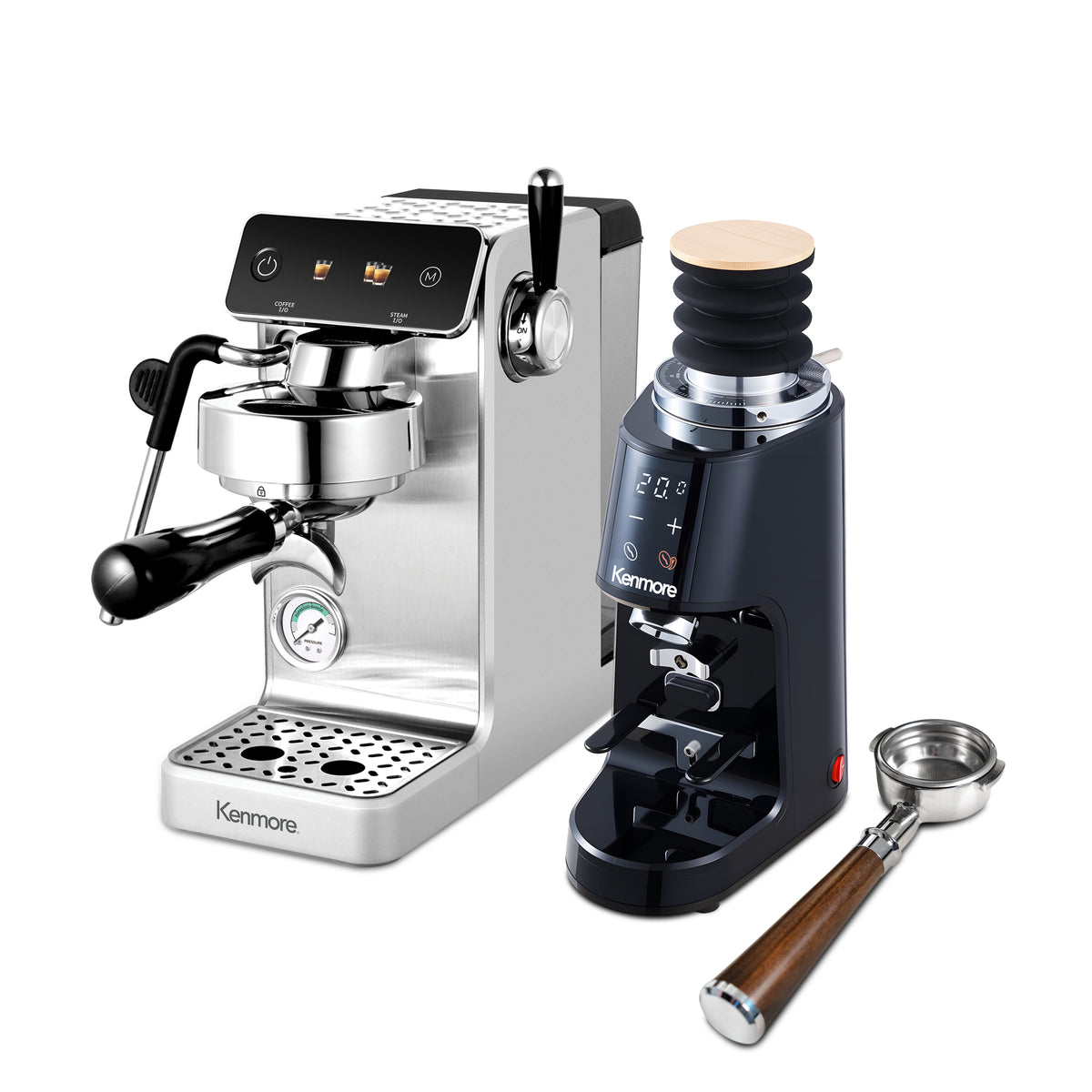 Kenmore Dualis Espresso Machine + Grinder, Dual Thermoblock Simultaneous Brew & Steam, Italian ULKA Pump, PID Temperature Control, 58mm Portafilter, Steam Wand, 1.2L Tank,