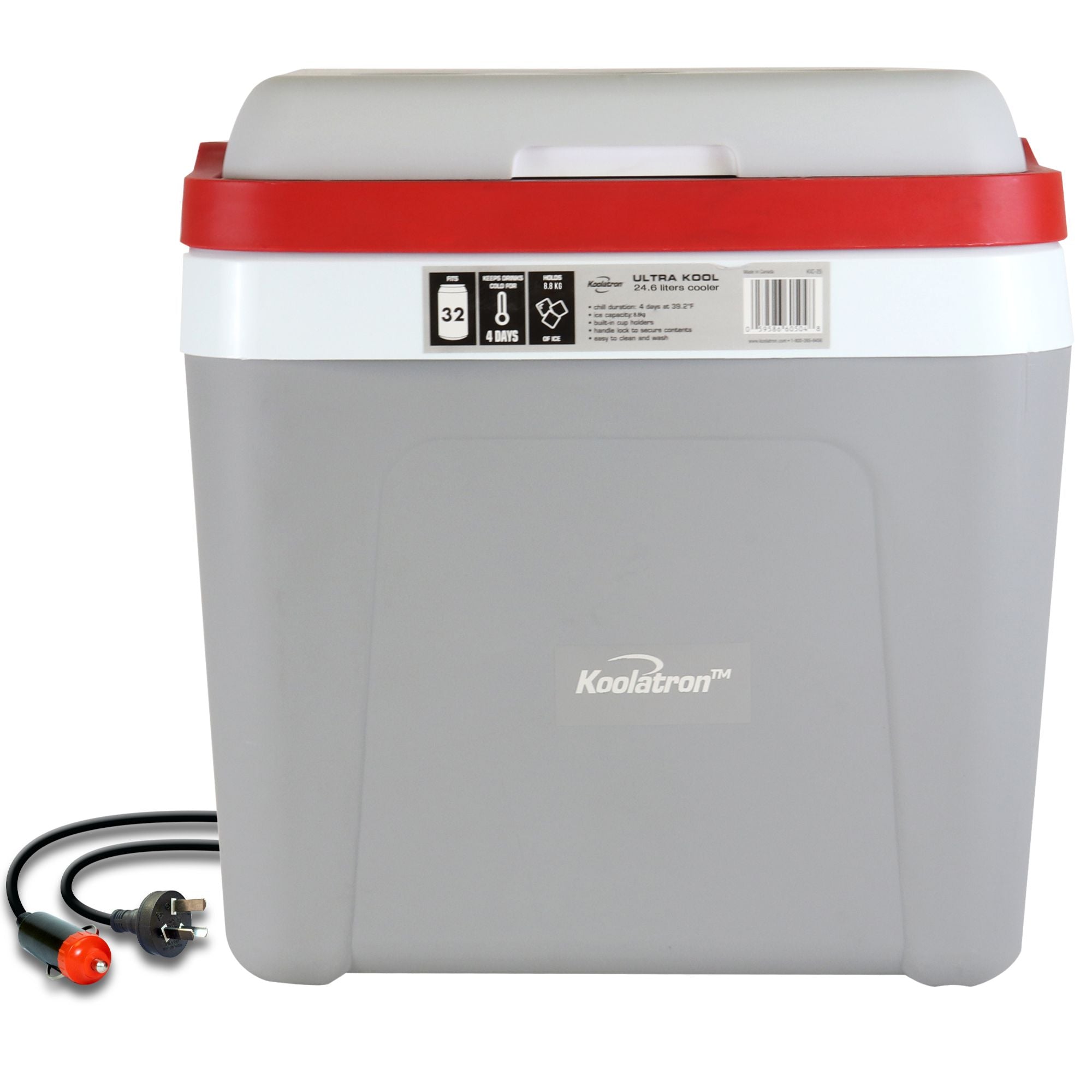 Koolatron Ice Chest Cool Box with Locking Carry Handle, 25L, 32 Can Capacity Portable Picnic Esky, For Snacks, Lunch, Day Trips, Camping (Grey/Red)