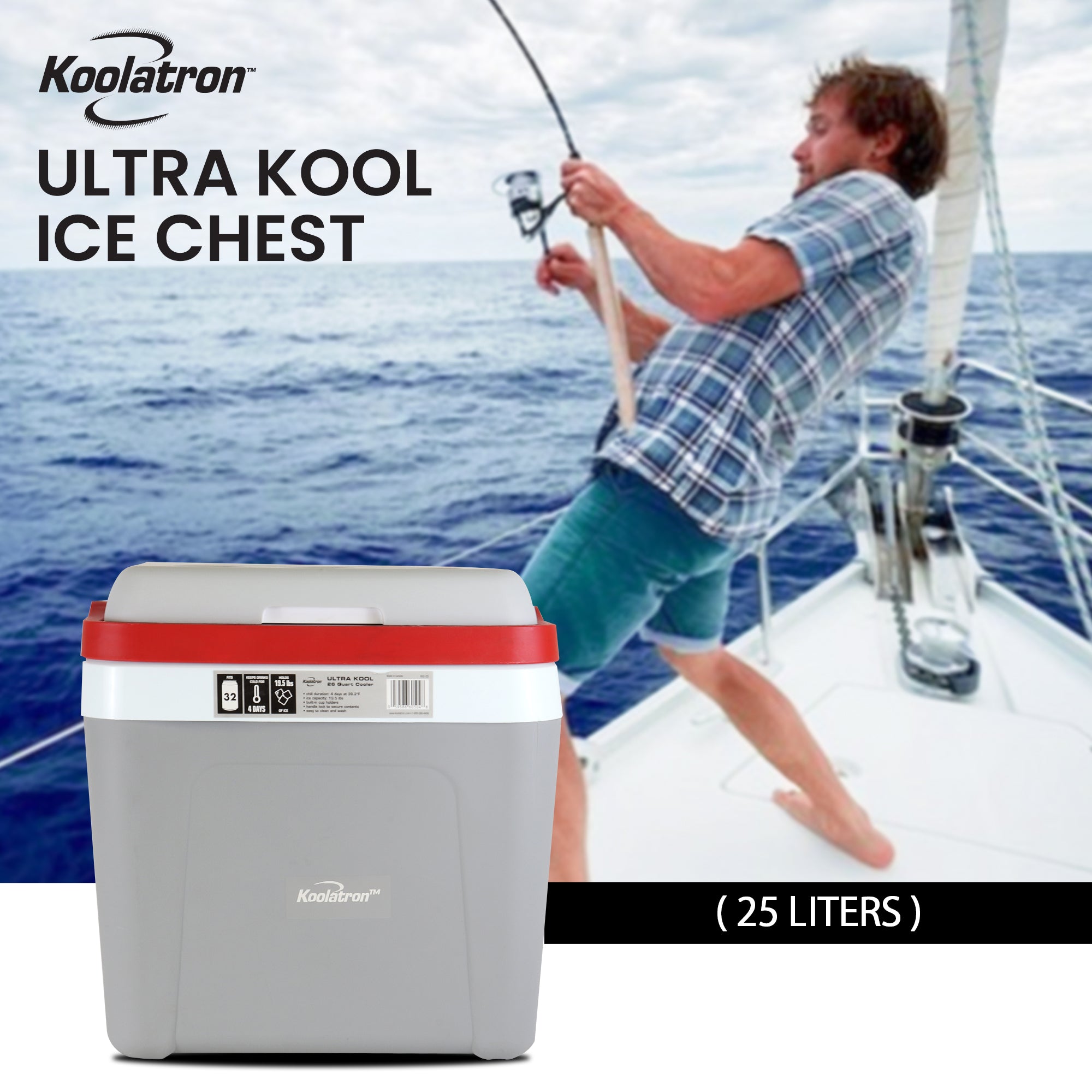 Koolatron Ice Chest Cool Box with Locking Carry Handle, 25L, 32 Can Capacity Portable Picnic Esky, For Snacks, Lunch, Day Trips, Camping (Grey/Red)