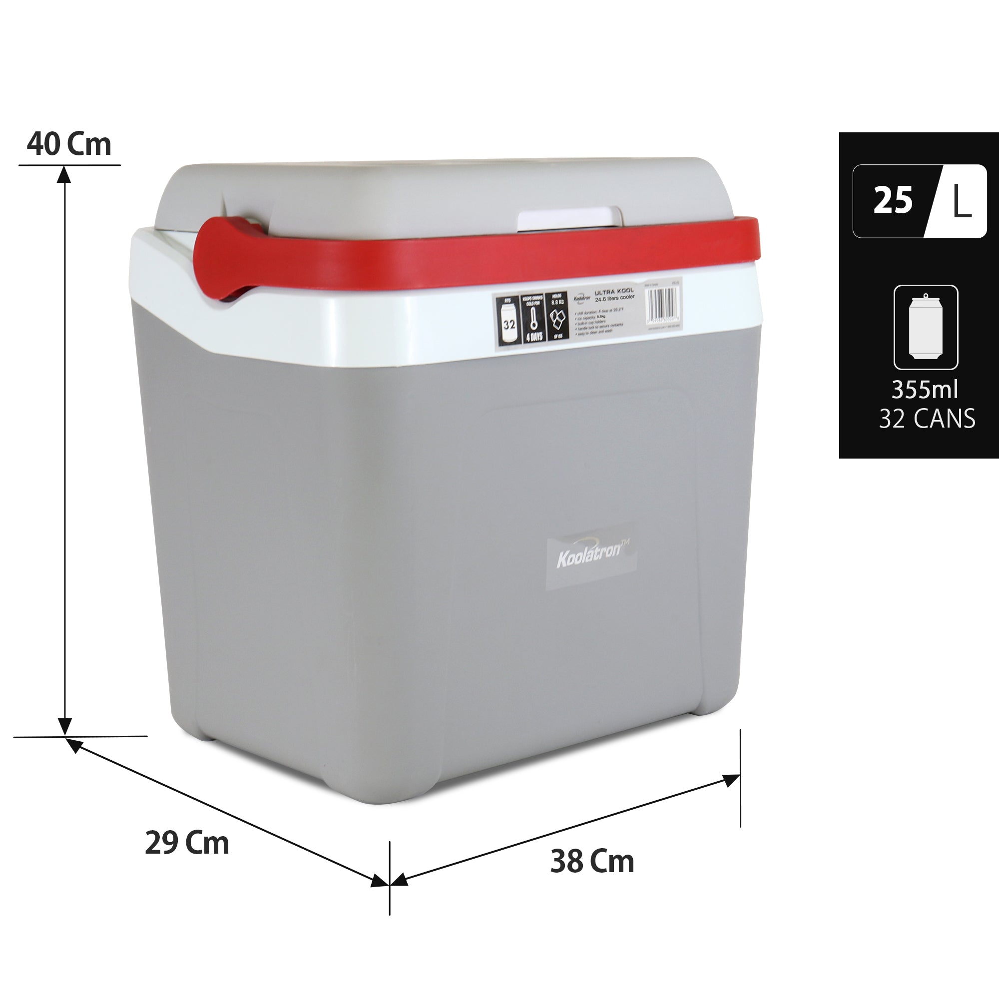 Koolatron Ice Chest Cool Box with Locking Carry Handle, 25L, 32 Can Capacity Portable Picnic Esky, For Snacks, Lunch, Day Trips, Camping (Grey/Red)