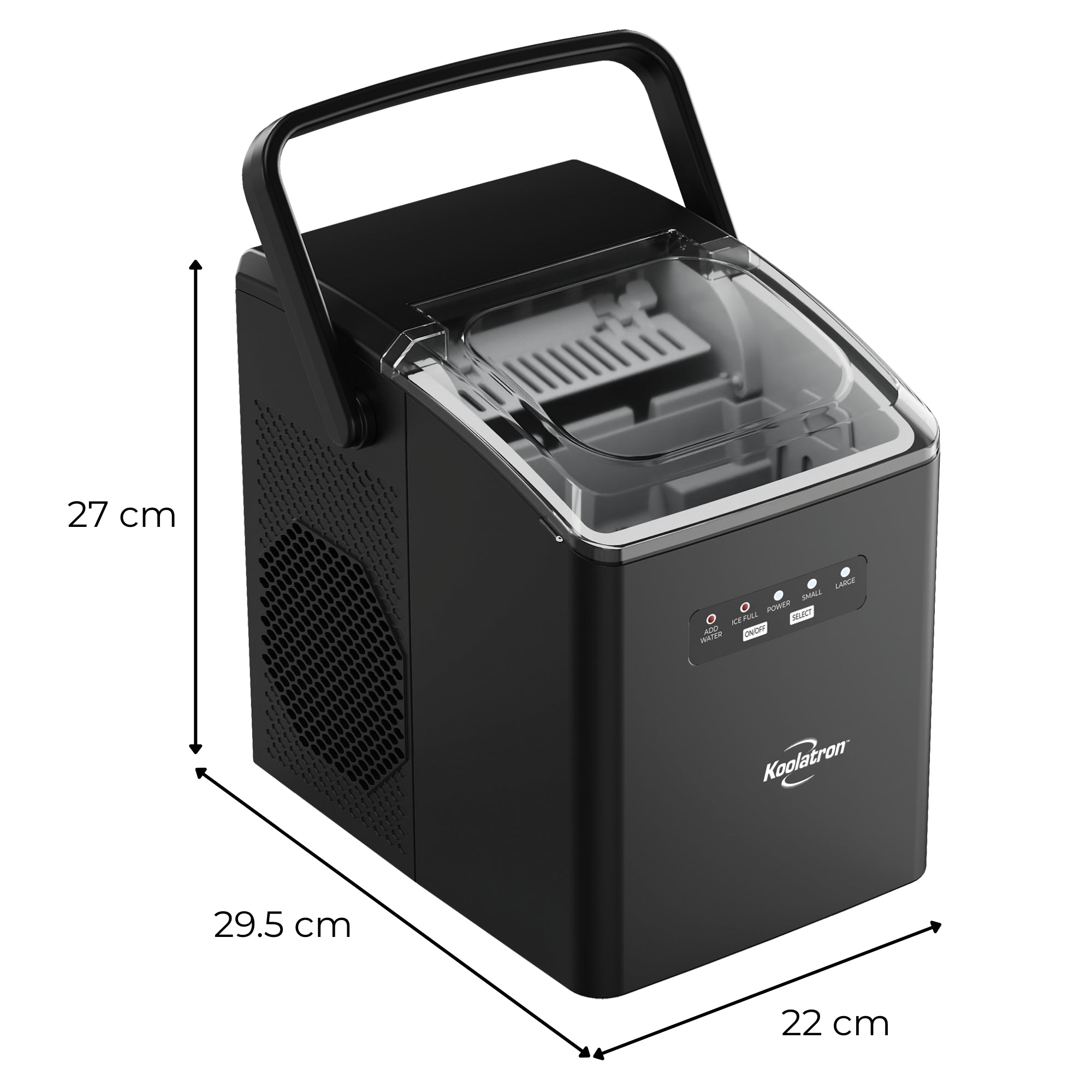 Automatic ice maker on a white background with dimensions labeled