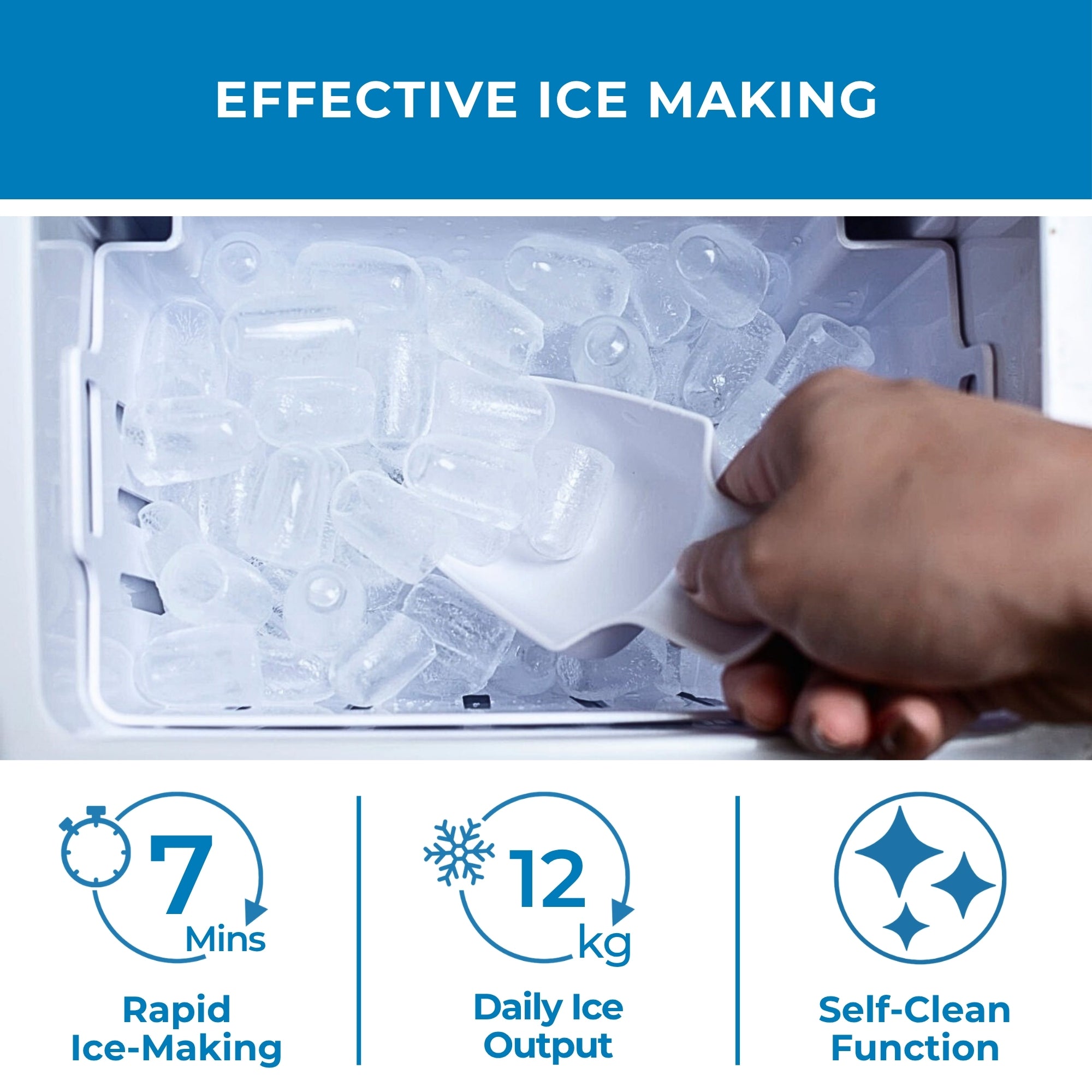 Closeup image of a hand scooping ice out of the removable basket of the automatic ice maker. Text above reads, "Effective ice making," and text and icons below read, "7 mins rapid ice-making; 12 kg daily ice output; self-clean function."