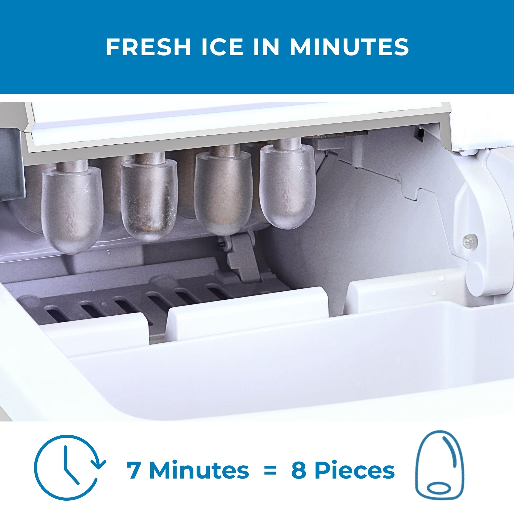 Closeup of the open ice maker with ice cubes forming inside. Text above reads, "Fresh ice in minutes," and text and icons below read, "7 minutes = 8 pieces"