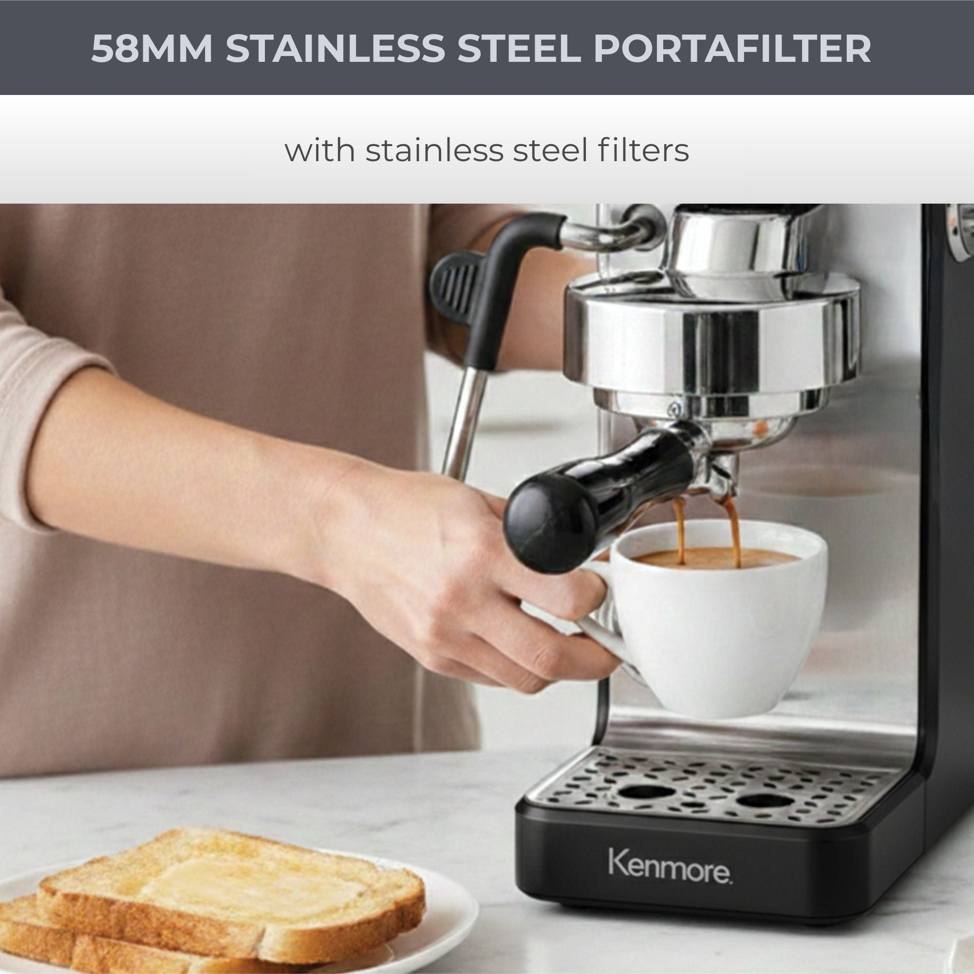 Kenmore Dualis Espresso Machine, Dual Thermoblock Simultaneous Brew & Steam, Italian ULKA Pump, PID Temperature Control, 58mm Portafilter, Steam Wand, 1.2L Tank, B