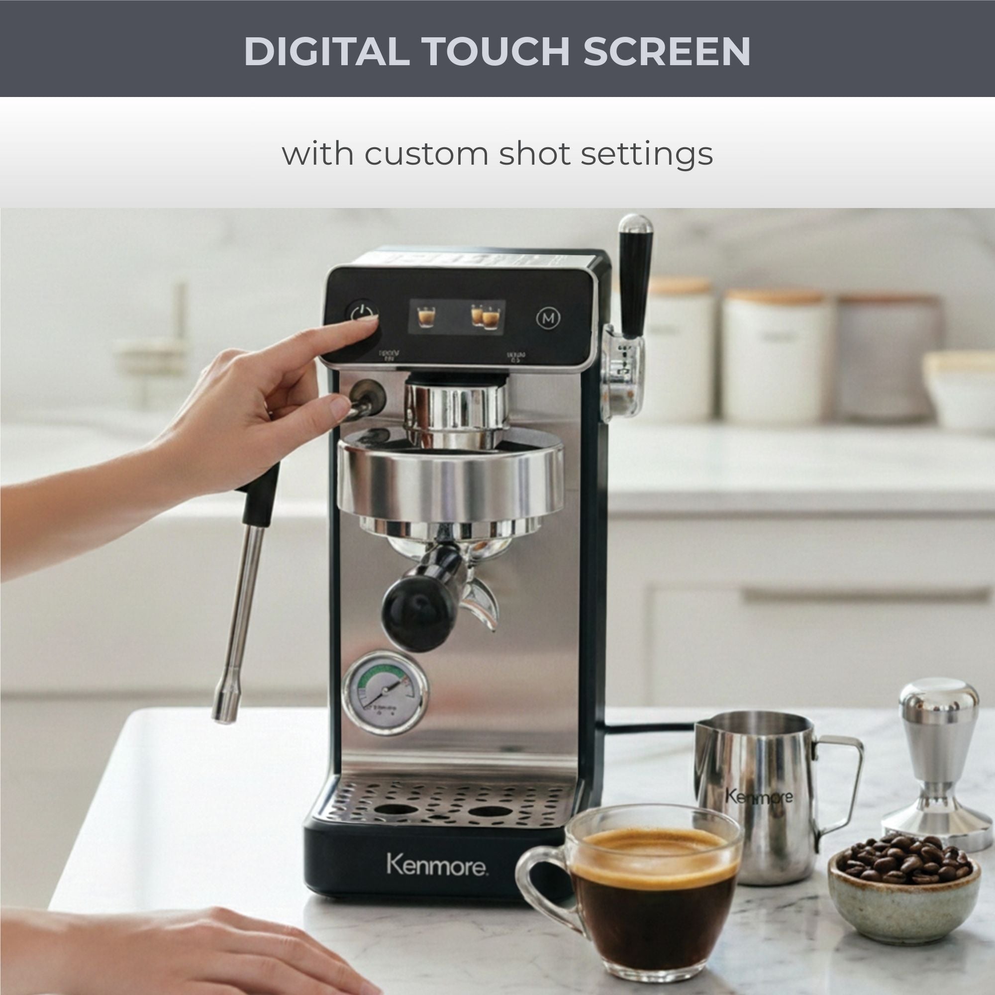 Kenmore Dualis Espresso Machine, Dual Thermoblock Simultaneous Brew & Steam, Italian ULKA Pump, PID Temperature Control, 58mm Portafilter, Steam Wand, 1.2L Tank, B