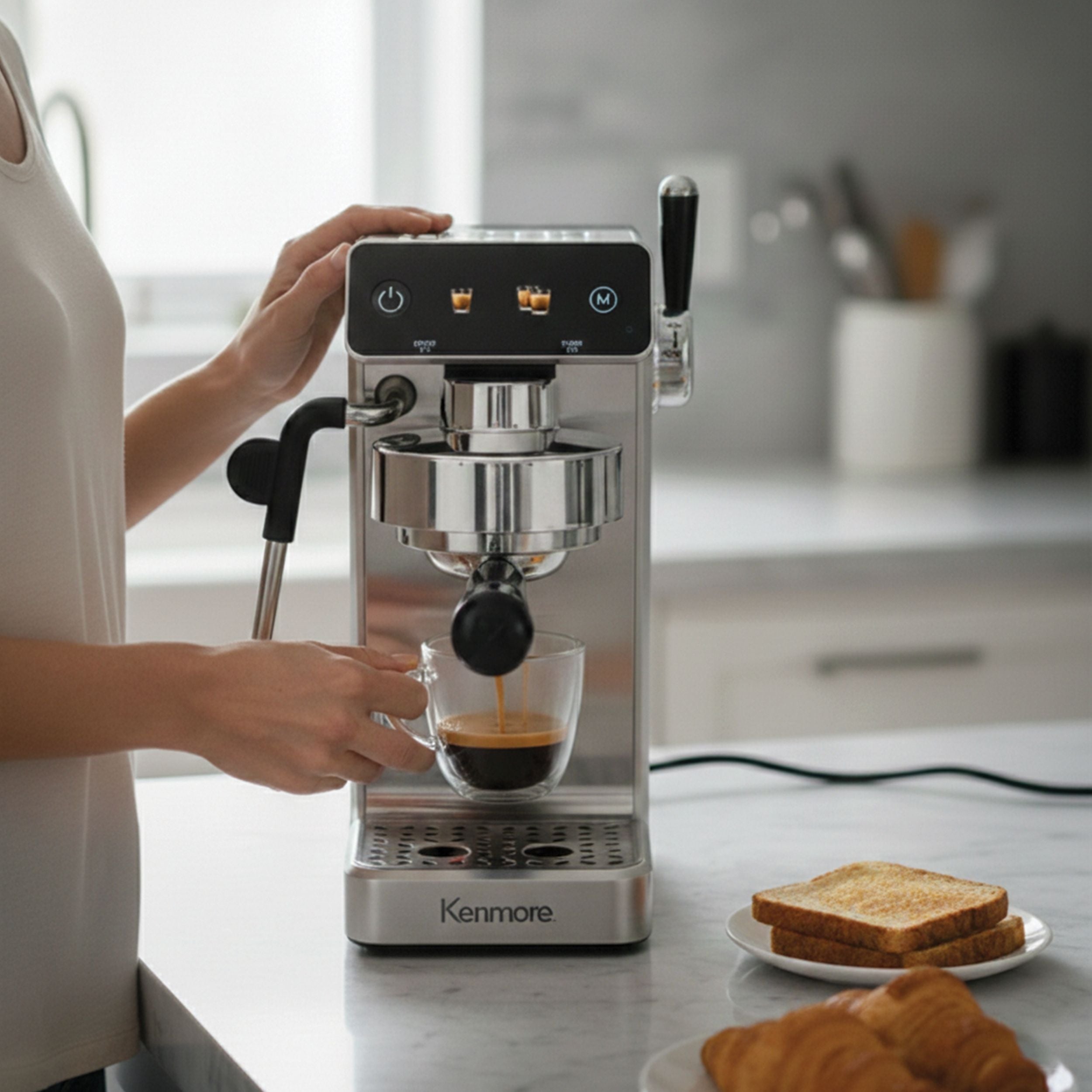 Kenmore Dualis Espresso Machine, Dual Thermoblock Simultaneous Brew & Steam, Italian ULKA Pump, PID Temperature Control, 58mm Portafilter, Steam Wand, 1.2L Tank, Stainless Look