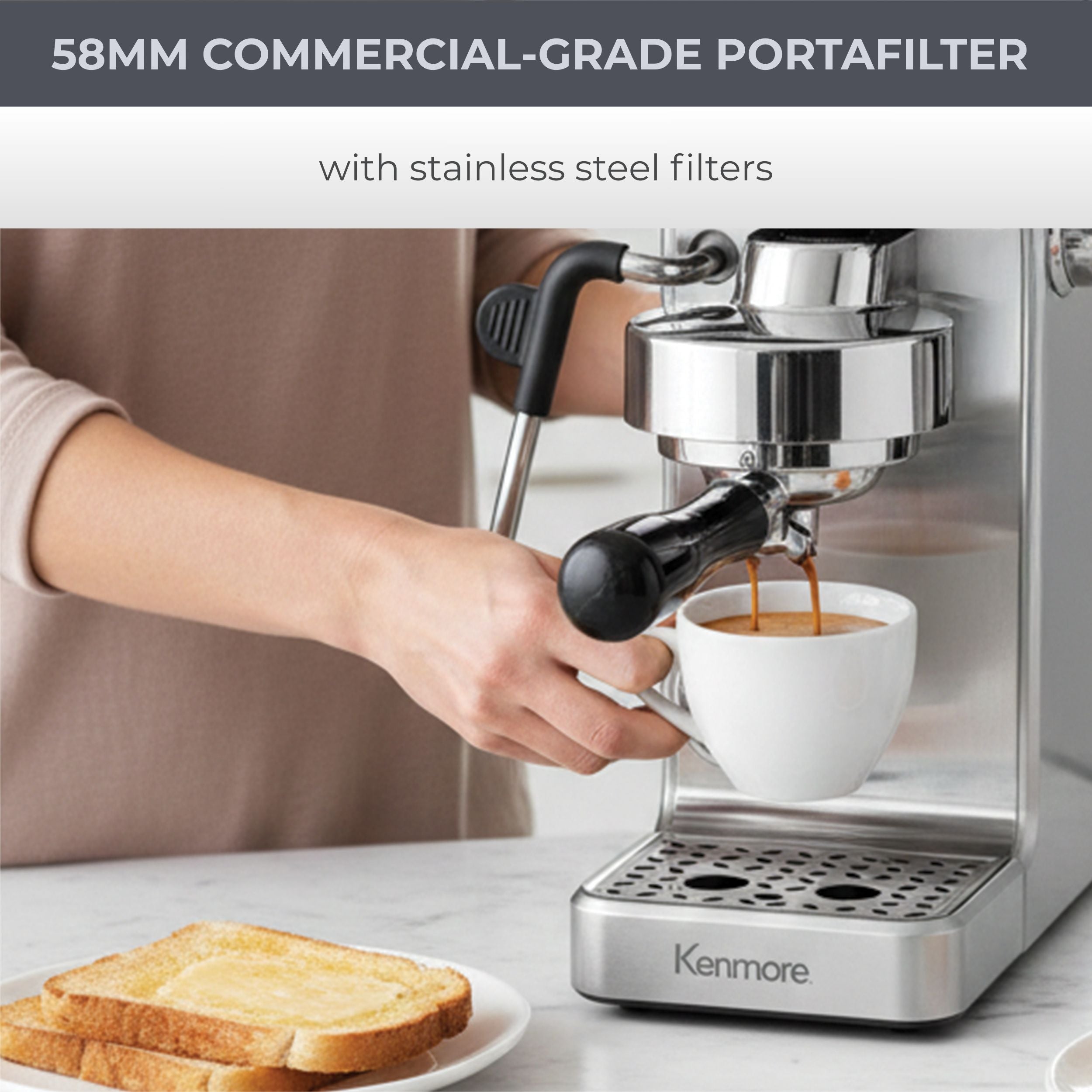 Kenmore Dualis Espresso Machine, Dual Thermoblock Simultaneous Brew & Steam, Italian ULKA Pump, PID Temperature Control, 58mm Portafilter, Steam Wand, 1.2L Tank, Stainless Look