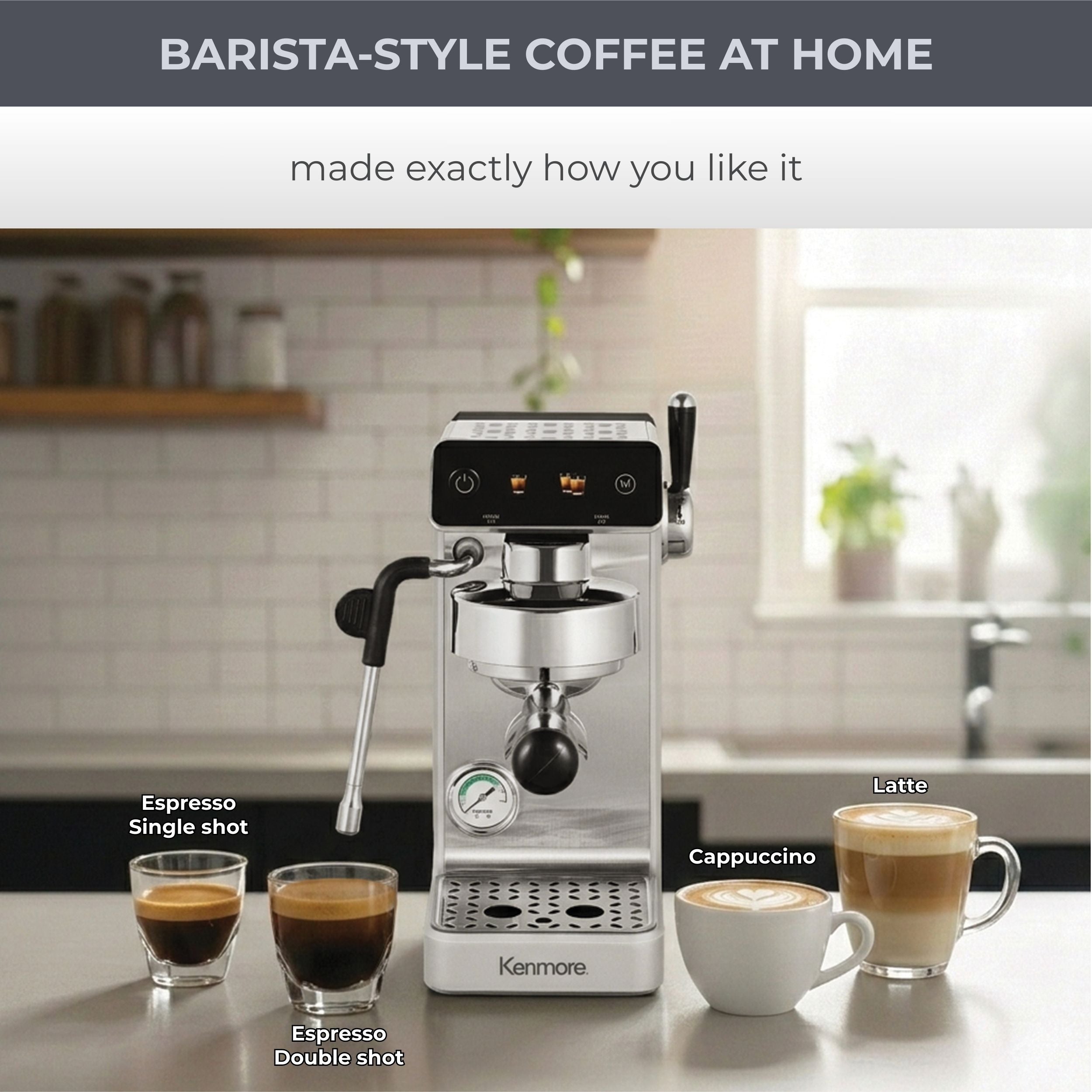 Kenmore Dualis Espresso Machine, Dual Thermoblock Simultaneous Brew & Steam, Italian ULKA Pump, PID Temperature Control, 58mm Portafilter, Steam Wand, 1.2L Tank, Stainless Look