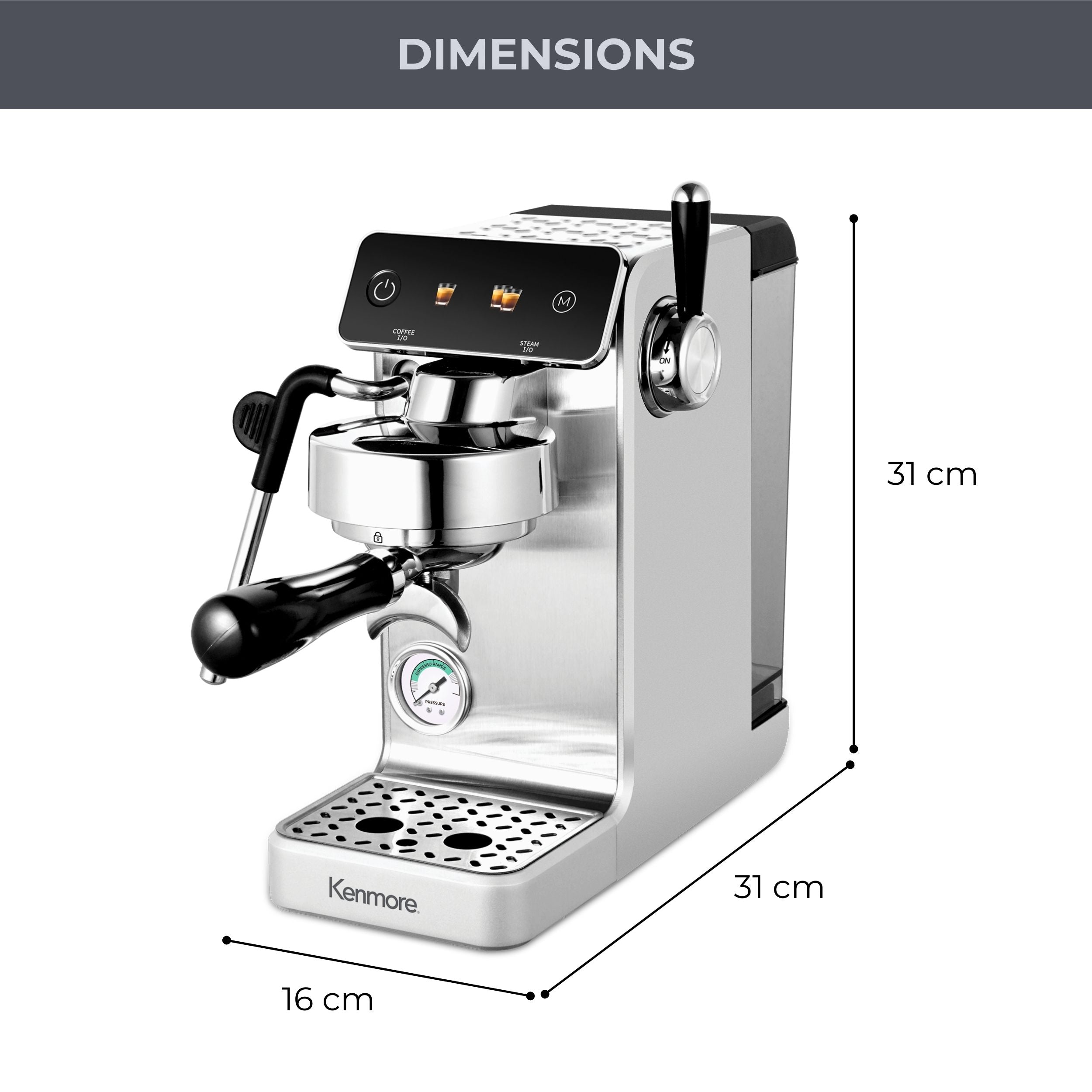 Kenmore Dualis Espresso Machine, Dual Thermoblock Simultaneous Brew & Steam, Italian ULKA Pump, PID Temperature Control, 58mm Portafilter, Steam Wand, 1.2L Tank, Stainless Look