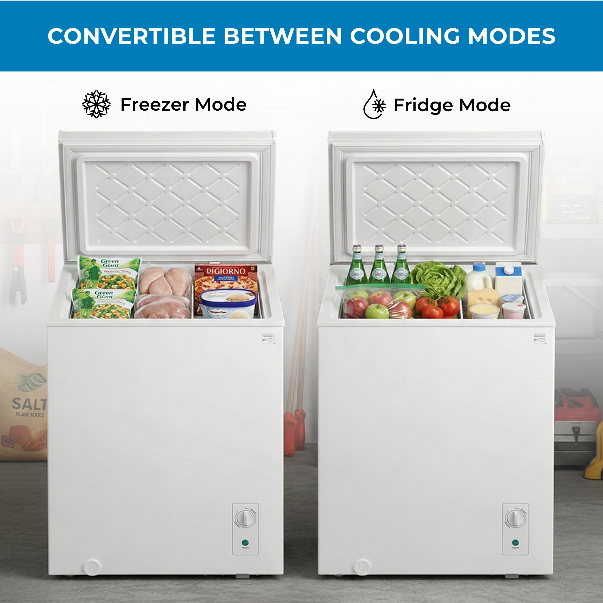 Two pictures of the Kenmore convertible chest freezer filled with frozen and refrigerated food, labeled "Freezer mode," and "Fridge mode." Text above reads, "Convertible between cooling modes"