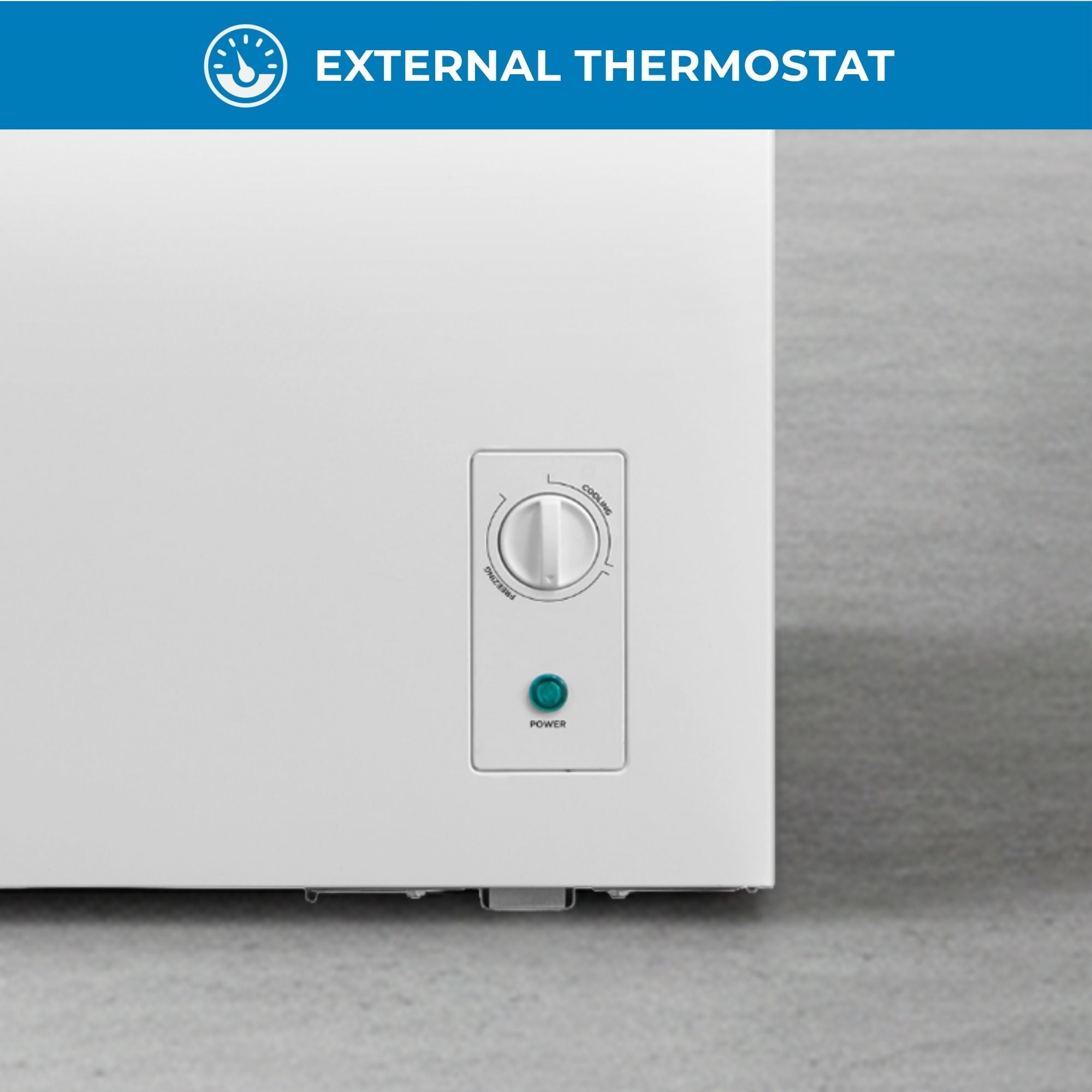 Closeup of the manual thermostat on the Kenmore convertible chest freezer with text above reading, "External thermostat"