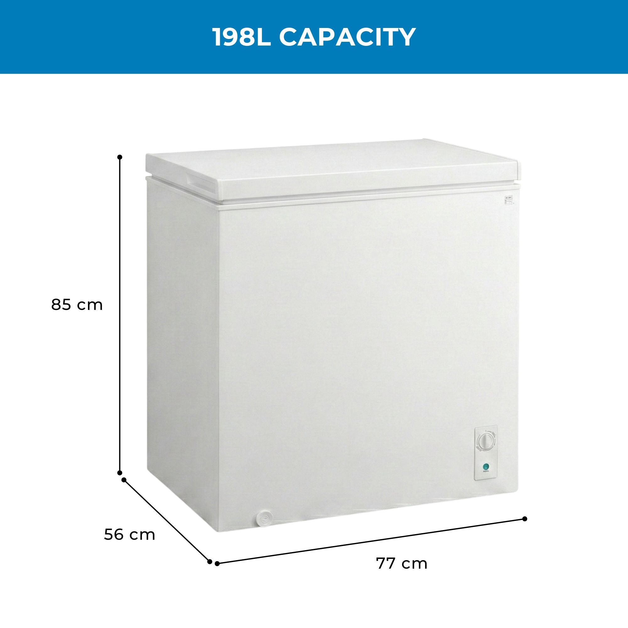Kenmore convertible chest freezer, closed, on a white background with capacity and dimensions labeled.