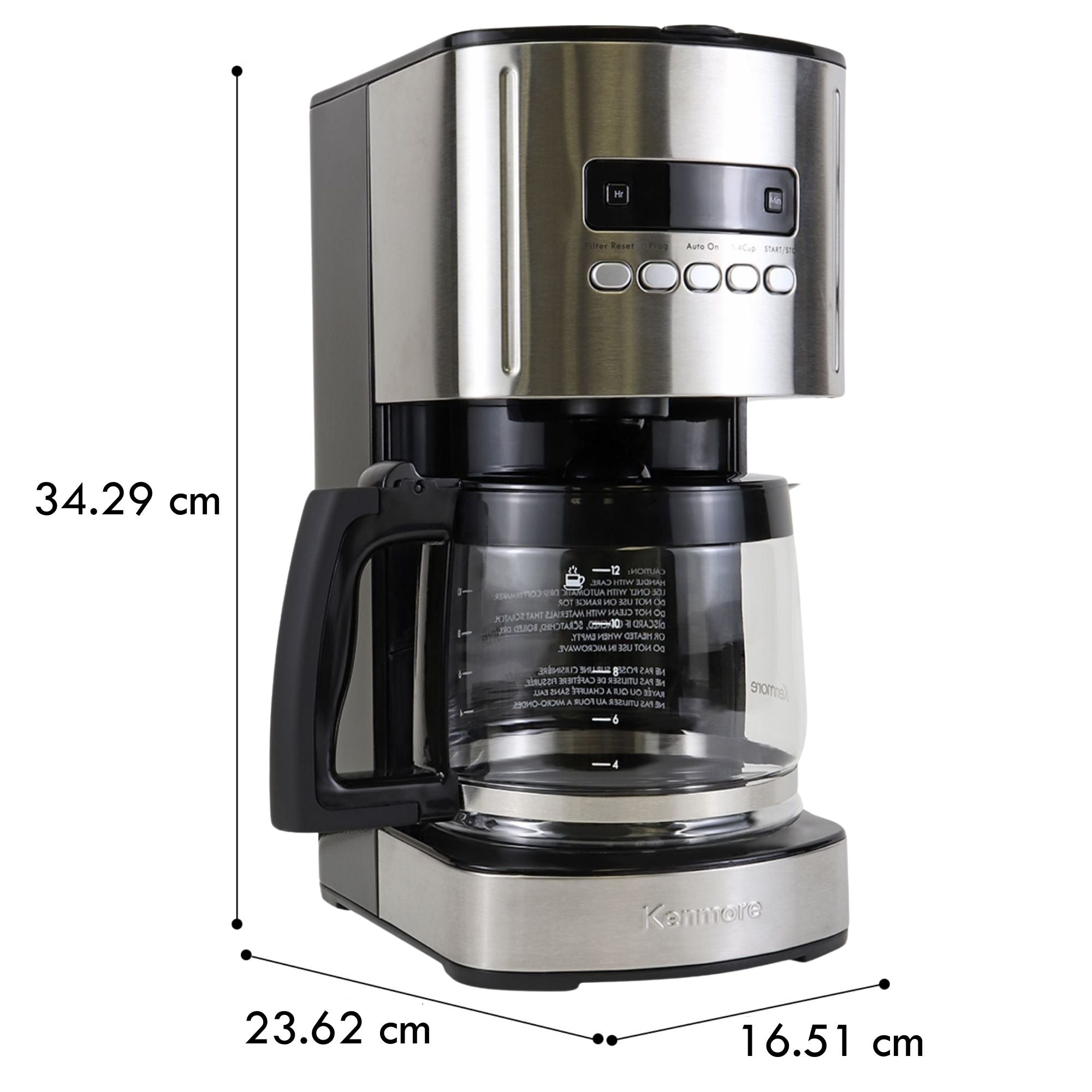 Kenmore 12 cup programmable coffeemaker on a white background with dimensions labeled
