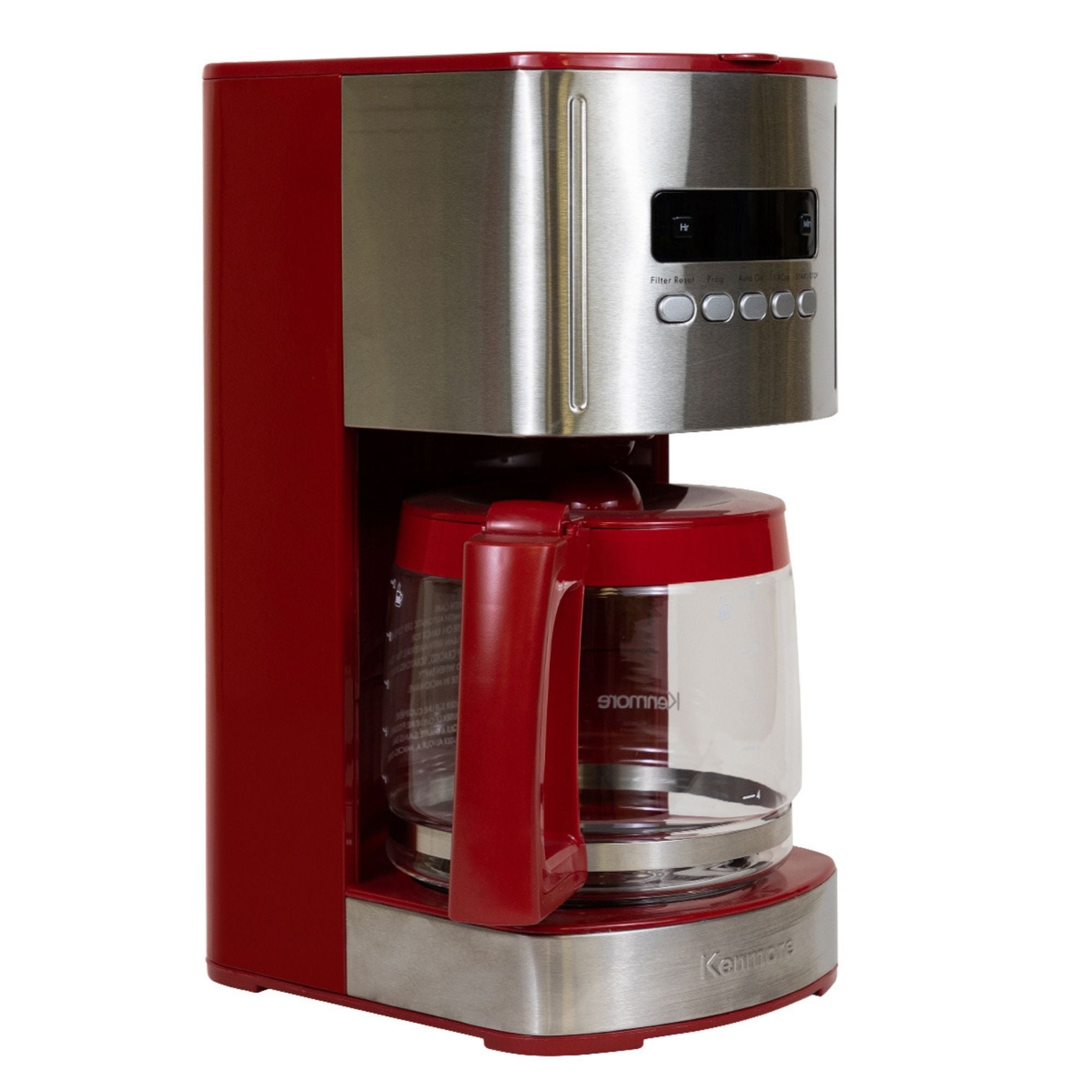 Kenmore Aroma Control 12-Cup Programmable Coffee Machine, Red and Stainless Steel Drip Coffee Machine, Digital Display Charcoal Water Filter, Regular or Bold