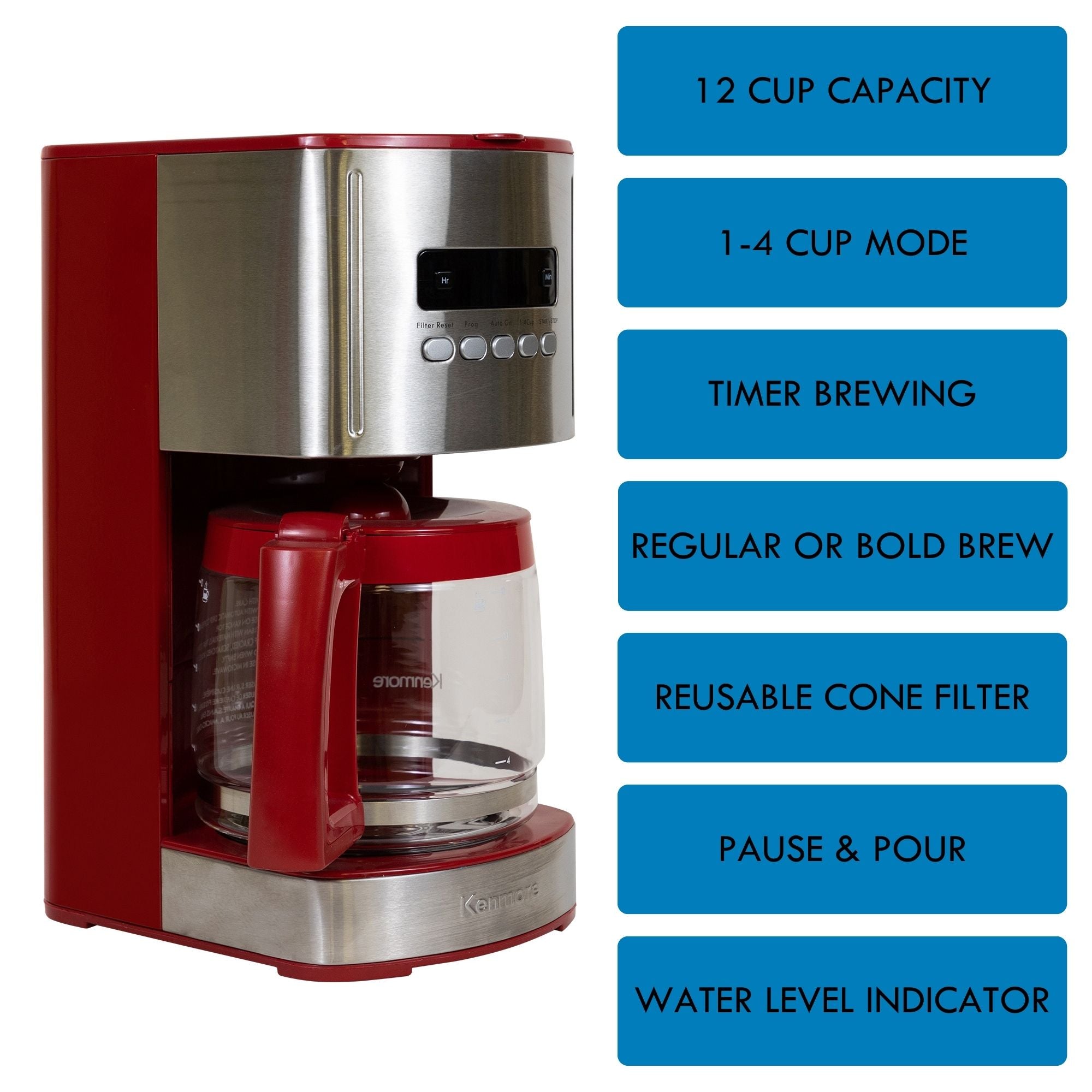 Kenmore Aroma Control 12-Cup Programmable Coffee Machine, Red and Stainless Steel Drip Coffee Machine, Digital Display Charcoal Water Filter, Regular or Bold
