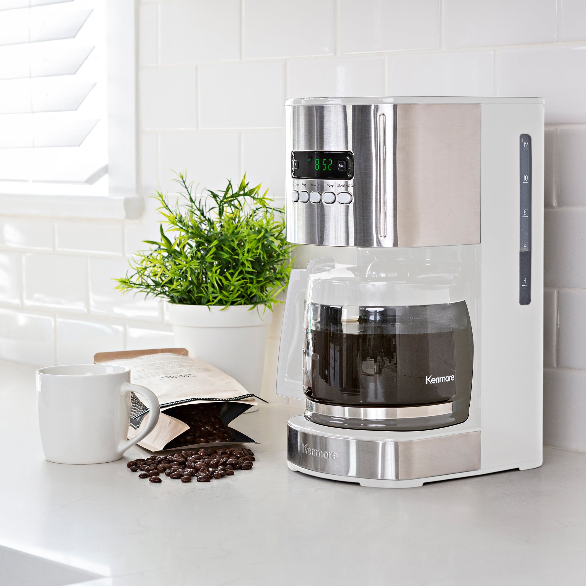 Kenmore Aroma Control 12-Cup Programmable Coffee Machine, White and Stainless Steel Drip Coffee Machine, Digital Display Charcoal Water Filter, Regular or Bold