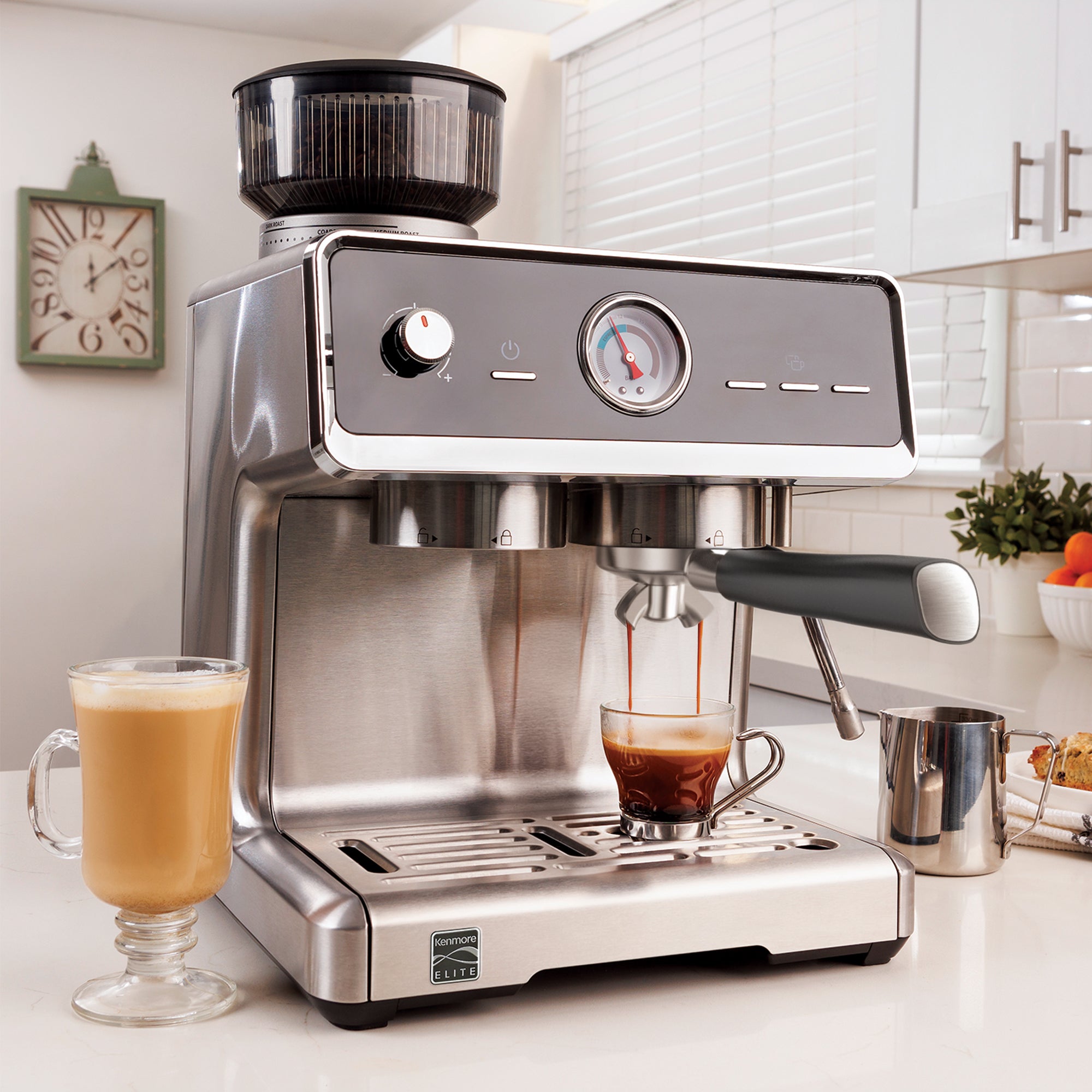 Kenmore Elite Auto-Tamping Espresso Machine With Grinder | Semi-Automatic Coffee Maker | 15 Bar Italian Pump, Stainless Steel