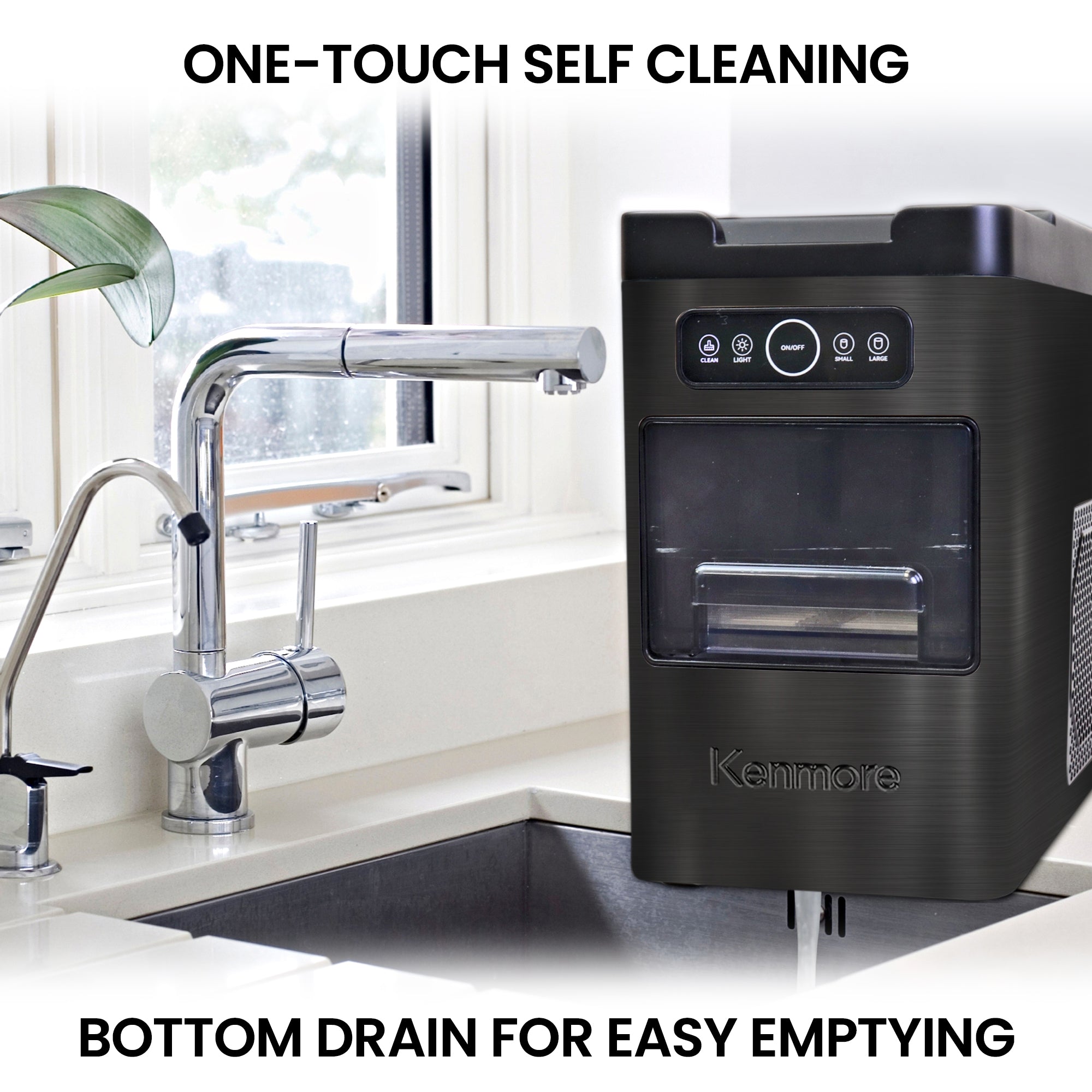 Kenmore front load automatic ice maker on the side of a sink with water coming out of the drain on the bottom. Text above reads, "One-touch self cleaning," and text below reads, "Bottom drain for easy emptying"