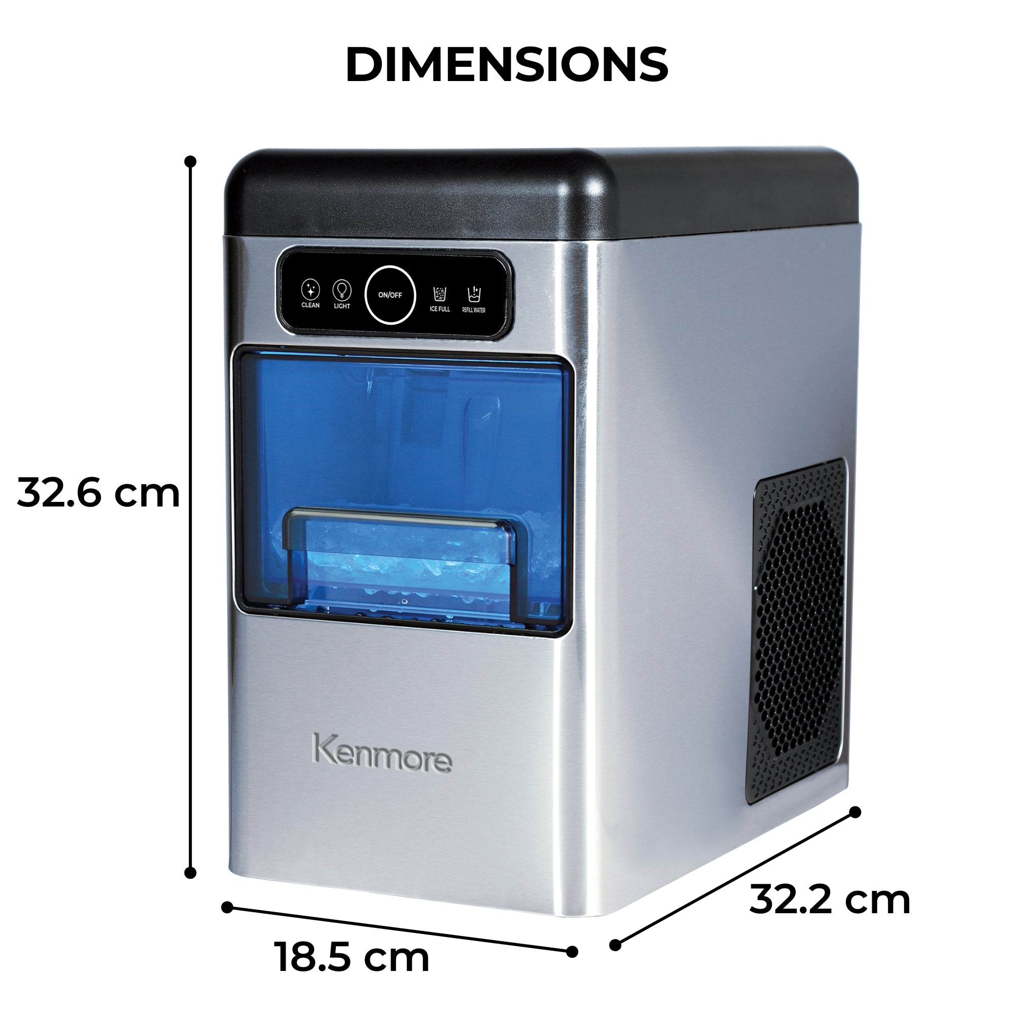 Kenmore portable countertop nugget ice maker on a white background with dimensions labeled.