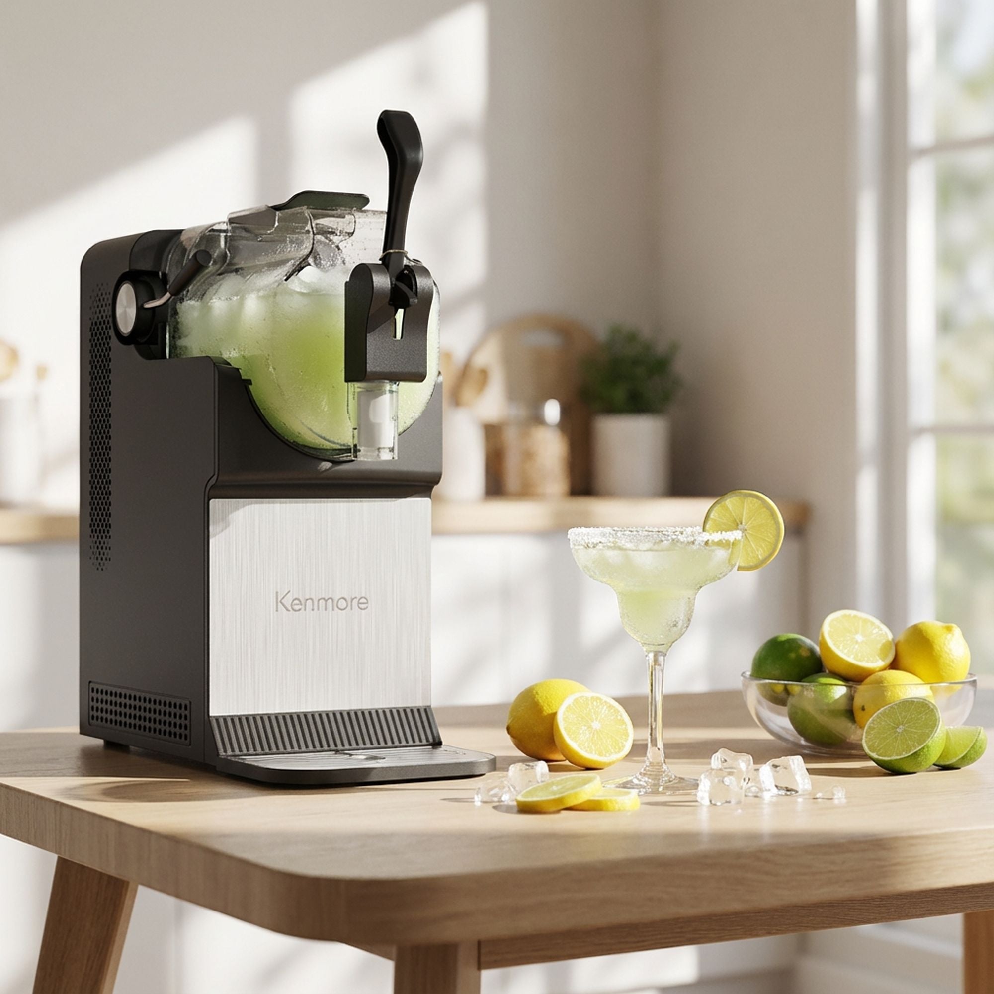 Kenmore slushie and frozen drink machine filled with pale green coloured slush with a margarita glass and lemons and limes beside it on a wooden table.