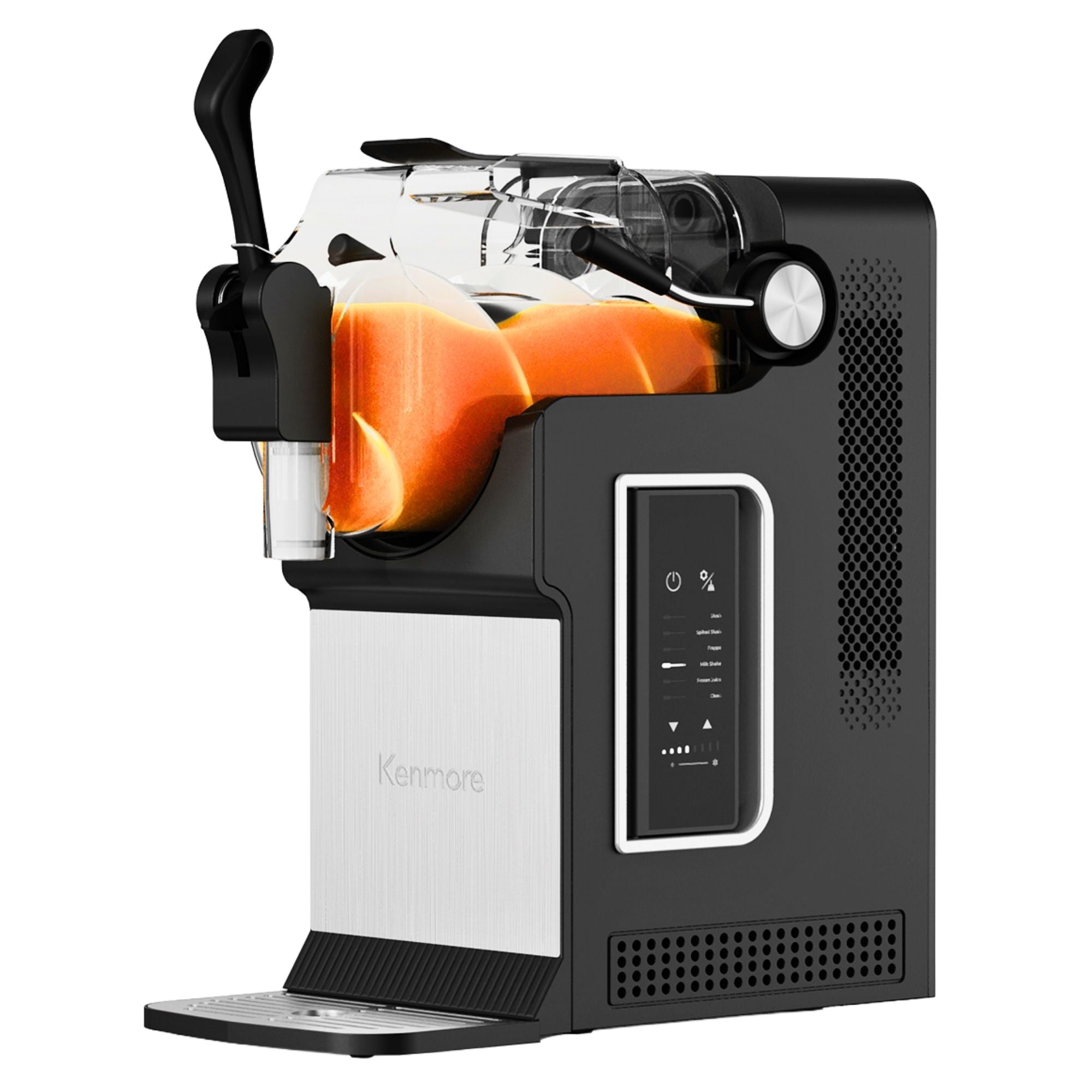 Front view of the Kenmore slushie and frozen drink machine filled with orange coloured slush on a white background