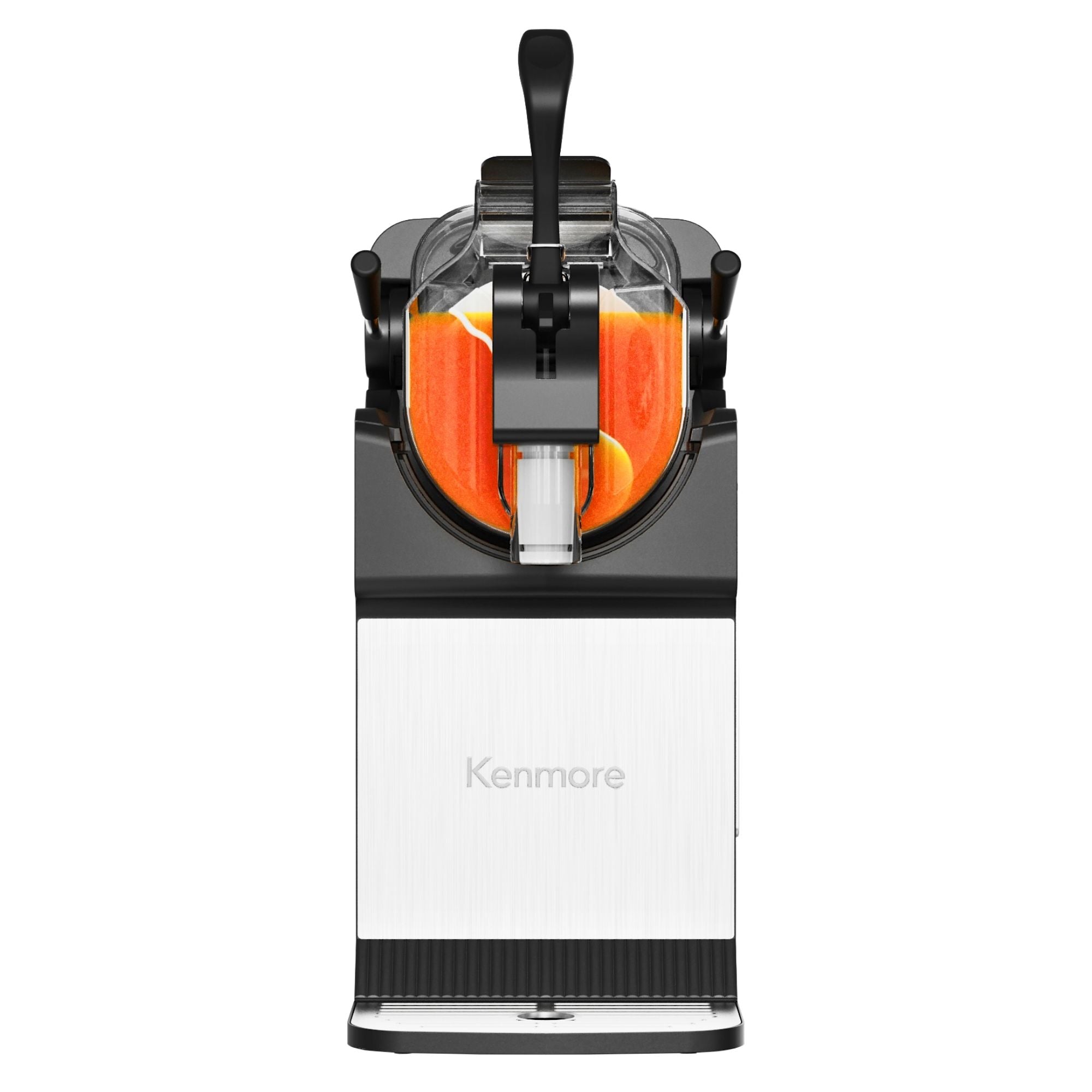 Front view of the Kenmore slushie and frozen drink machine filled with orange coloured slush on a white background