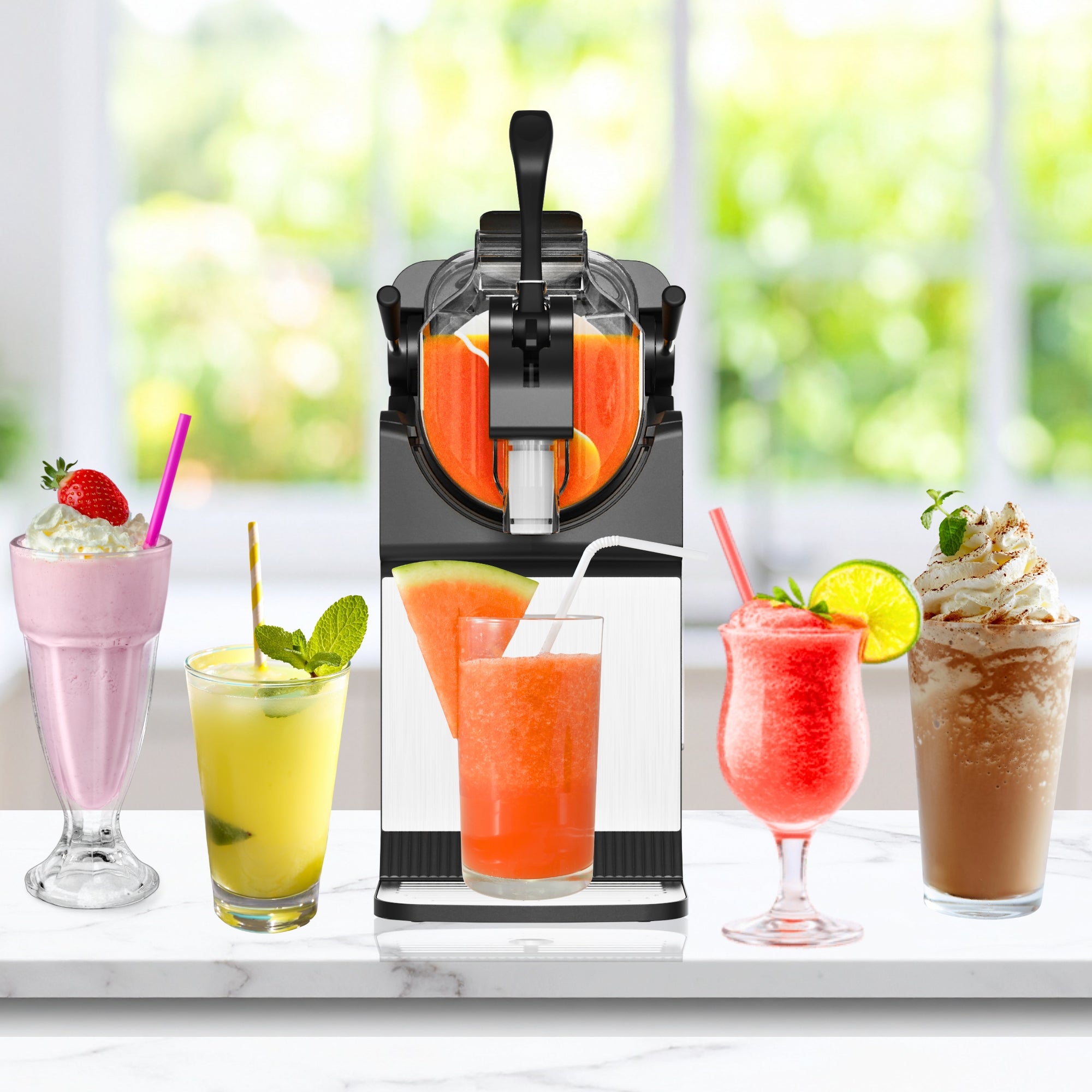 Kenmore slushie and frozen drink machine filled with orange coloured slush on a white counter with five different types of frozen drinks arranged around it
