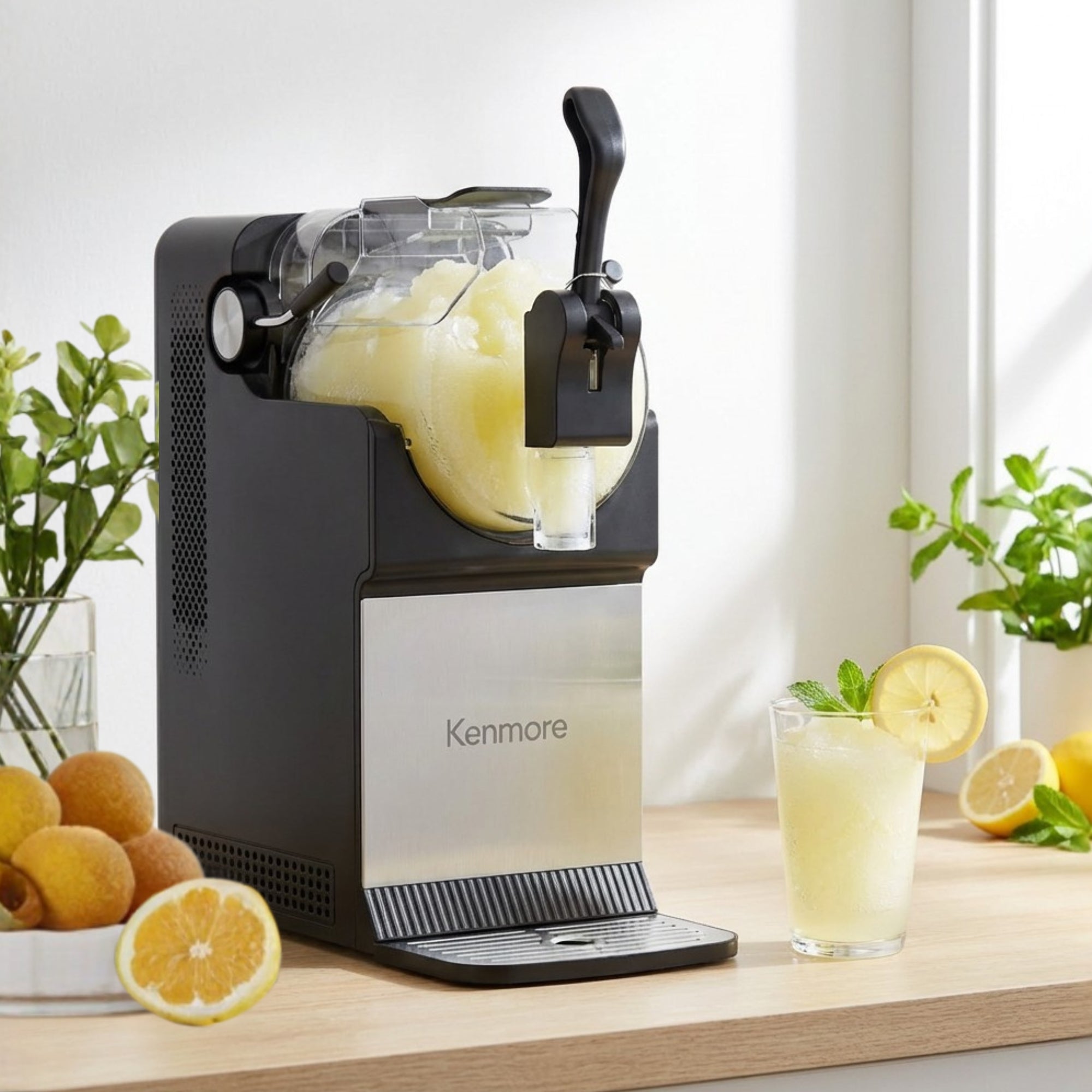 Kenmore slushie and frozen drink machine filled with frozen lemonade with lemons and a glass of lemon slushie on either side on a wooden counter in a bright kitchen