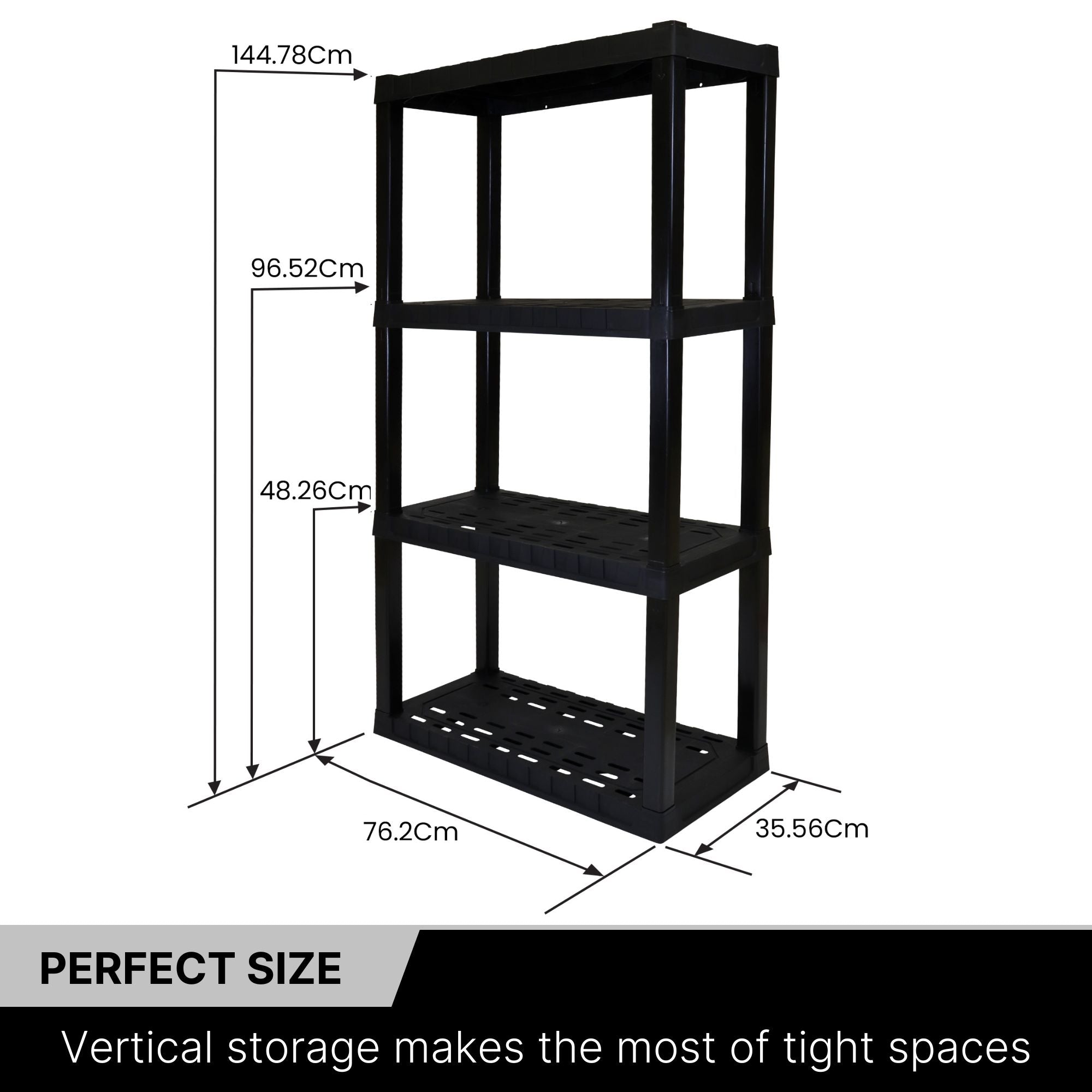 Oskar 4-tier storage shelf unit empty on a white background with dimensions labeled. Text below reads, "Perfect size: Vertical storage makes the most of tight spaces"