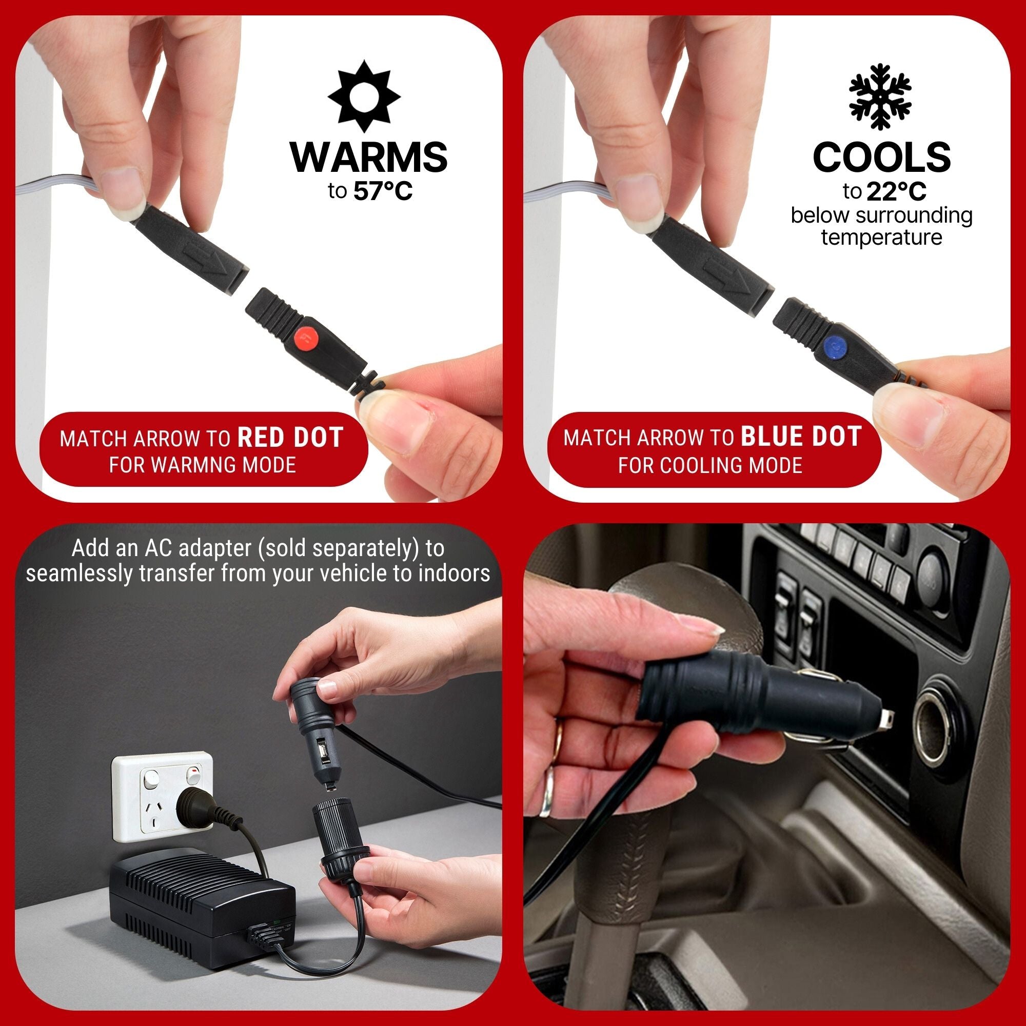 Top two images show hands connecting cords. Text overlaid on the left image reads, "WARMS to 135°F (57°C) - Match arrow to RED DOT for warming mode" and "COOLS to 40°F (22°C) below surrounding temperature - Match arrow to BLUE DOT for cooling mode." Bottom two images show hands plugging the power cord into an indoor wall outlet and a 12V car outlet. Text above the indoor image reads "Add an AC adapter (sold separately) to seamlessly transfer from your vehicle to indoors"