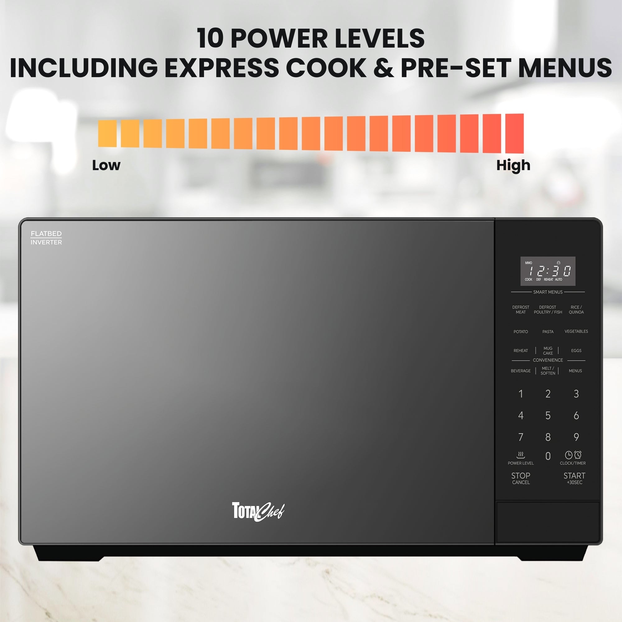 Total Chef 900W Flatbed Inverter Microwave Oven 26L, Black