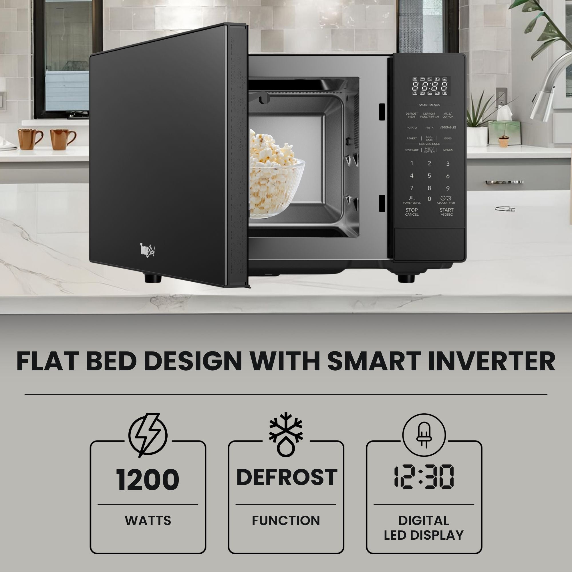 Total Chef 1200W Flatbed Inverter Microwave Oven with Smart Sensor 32L, Black