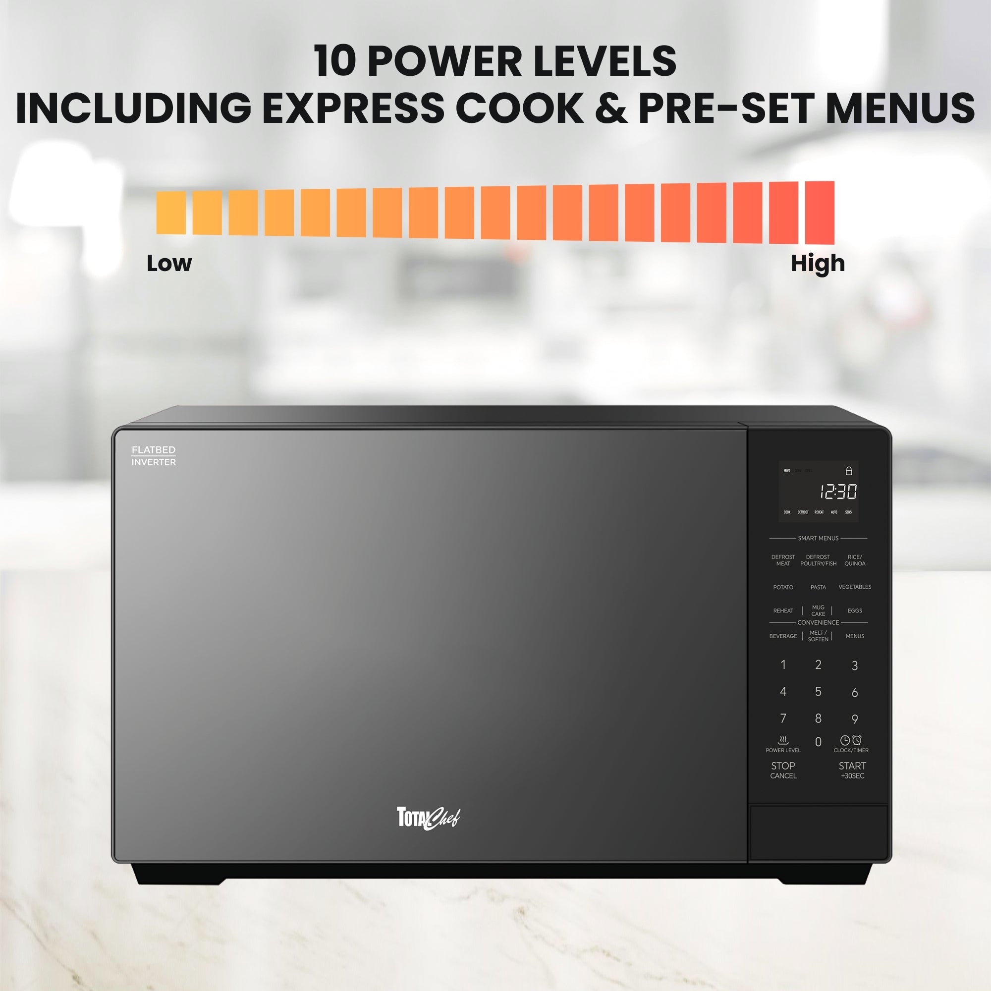 Total Chef 1200W Flatbed Inverter Microwave Oven with Smart Sensor 32L, Black