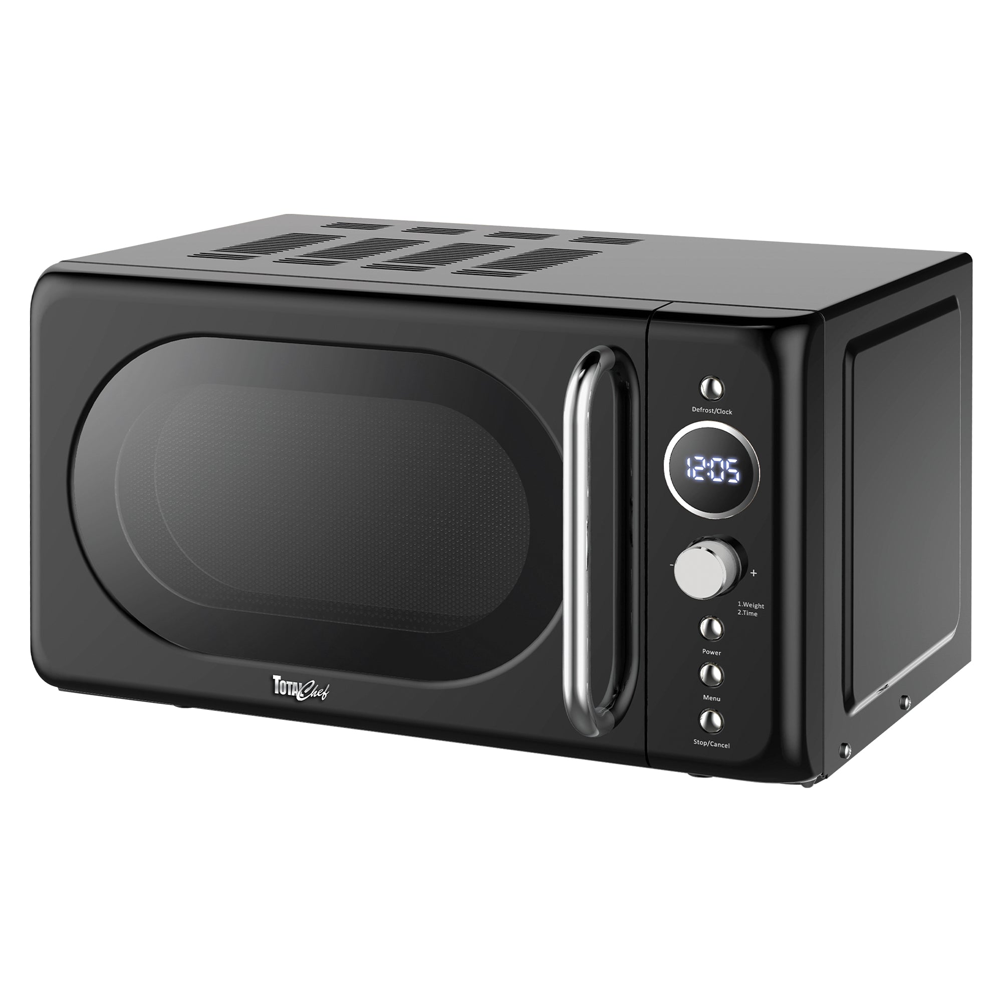 Total Chef Retro Microwave Oven | 20L | Quick Start & Defrost By Weight/Time | 8 Pre-set Cooking Modes For Coffee, Rice, Pasta, Potato, Reheat, Fish, Pizza, Popcorn | 700W | Black
