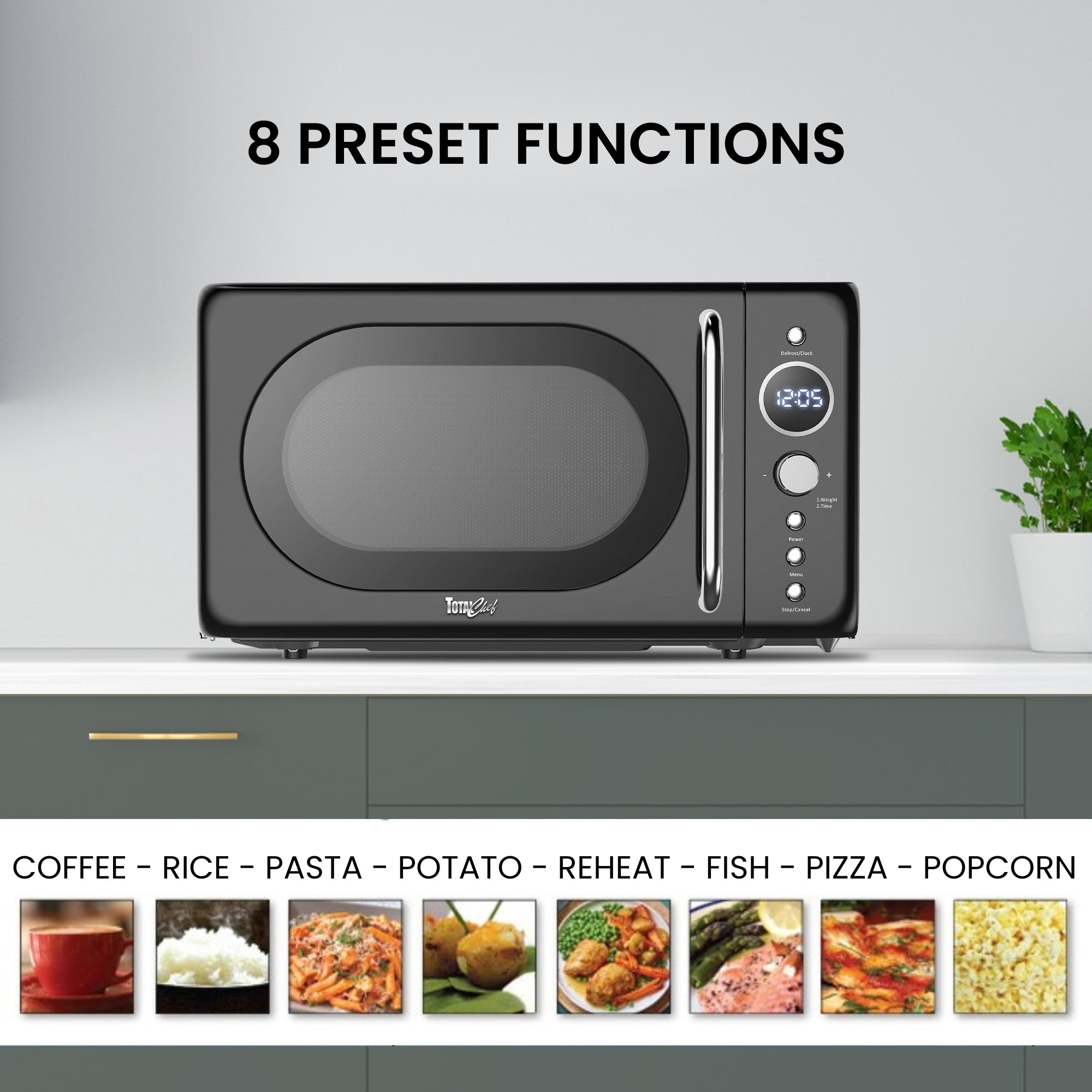 Total Chef Retro Microwave Oven | 20L | Quick Start & Defrost By Weight/Time | 8 Pre-set Cooking Modes For Coffee, Rice, Pasta, Potato, Reheat, Fish, Pizza, Popcorn | 700W | Black