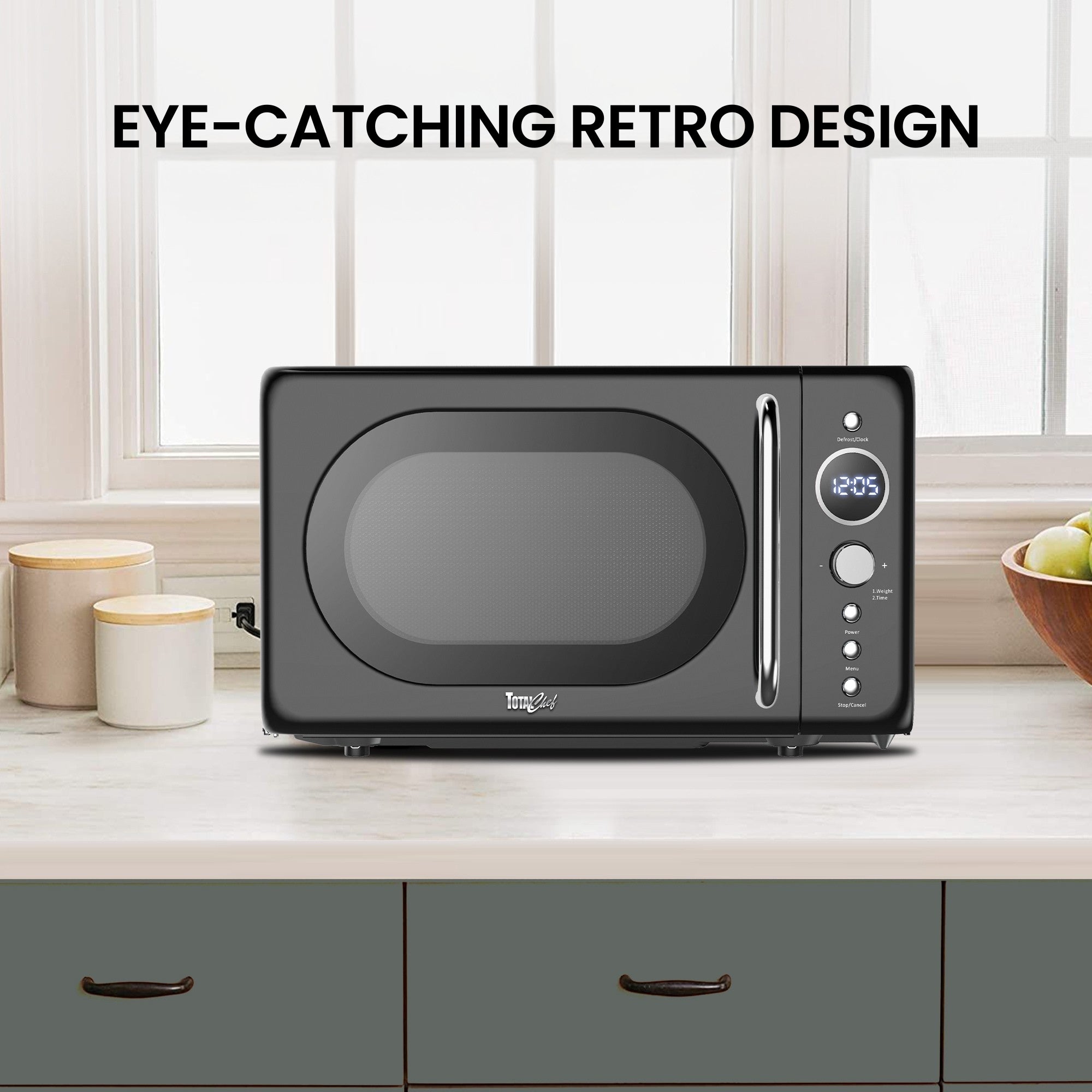 Total Chef Retro Microwave Oven | 20L | Quick Start & Defrost By Weight/Time | 8 Pre-set Cooking Modes For Coffee, Rice, Pasta, Potato, Reheat, Fish, Pizza, Popcorn | 700W | Black