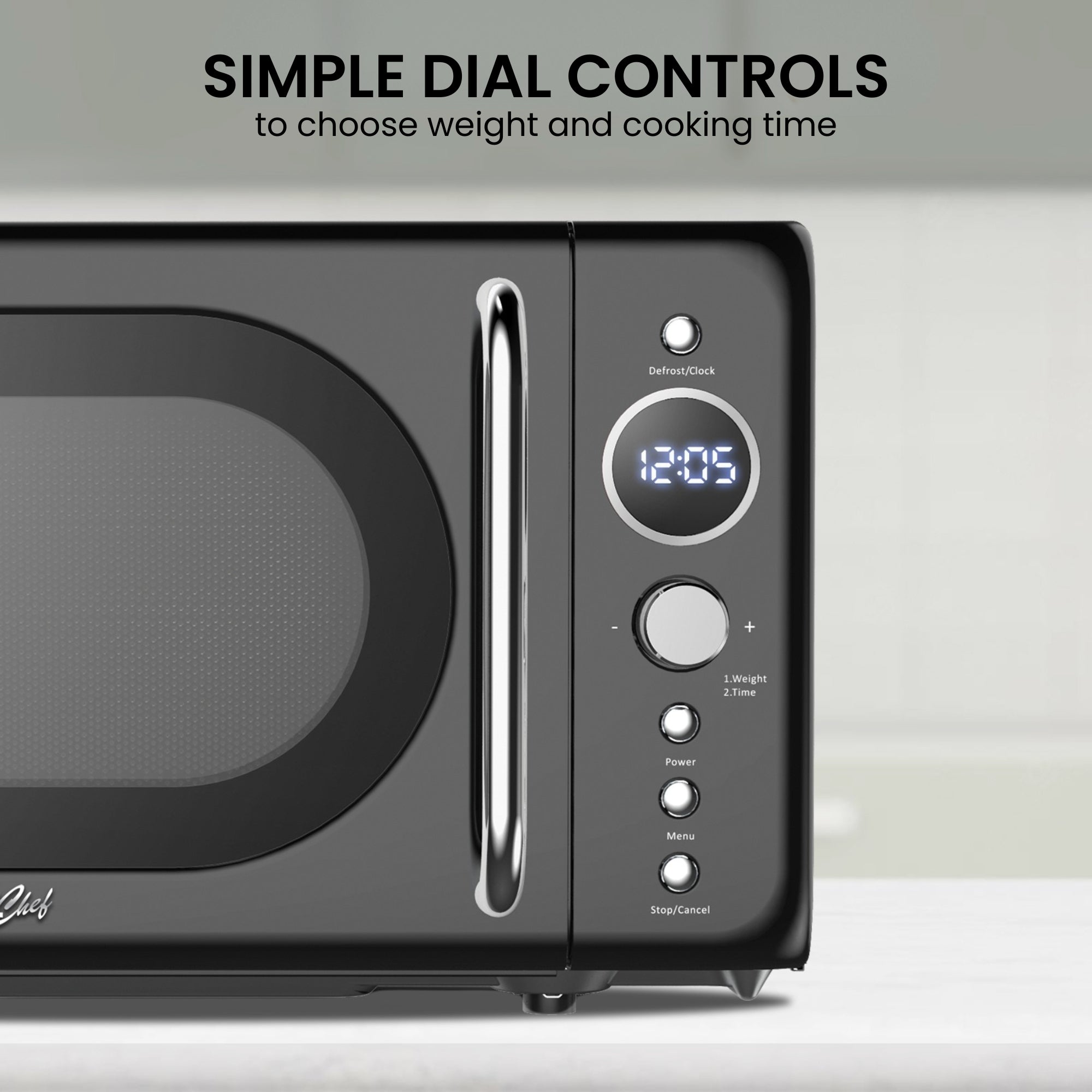 Total Chef Retro Microwave Oven | 20L | Quick Start & Defrost By Weight/Time | 8 Pre-set Cooking Modes For Coffee, Rice, Pasta, Potato, Reheat, Fish, Pizza, Popcorn | 700W | Black