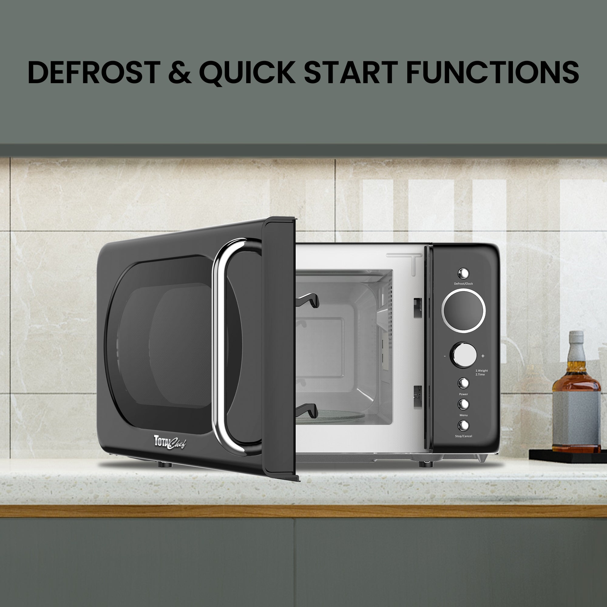 Total Chef Retro Microwave Oven | 20L | Quick Start & Defrost By Weight/Time | 8 Pre-set Cooking Modes For Coffee, Rice, Pasta, Potato, Reheat, Fish, Pizza, Popcorn | 700W | Black