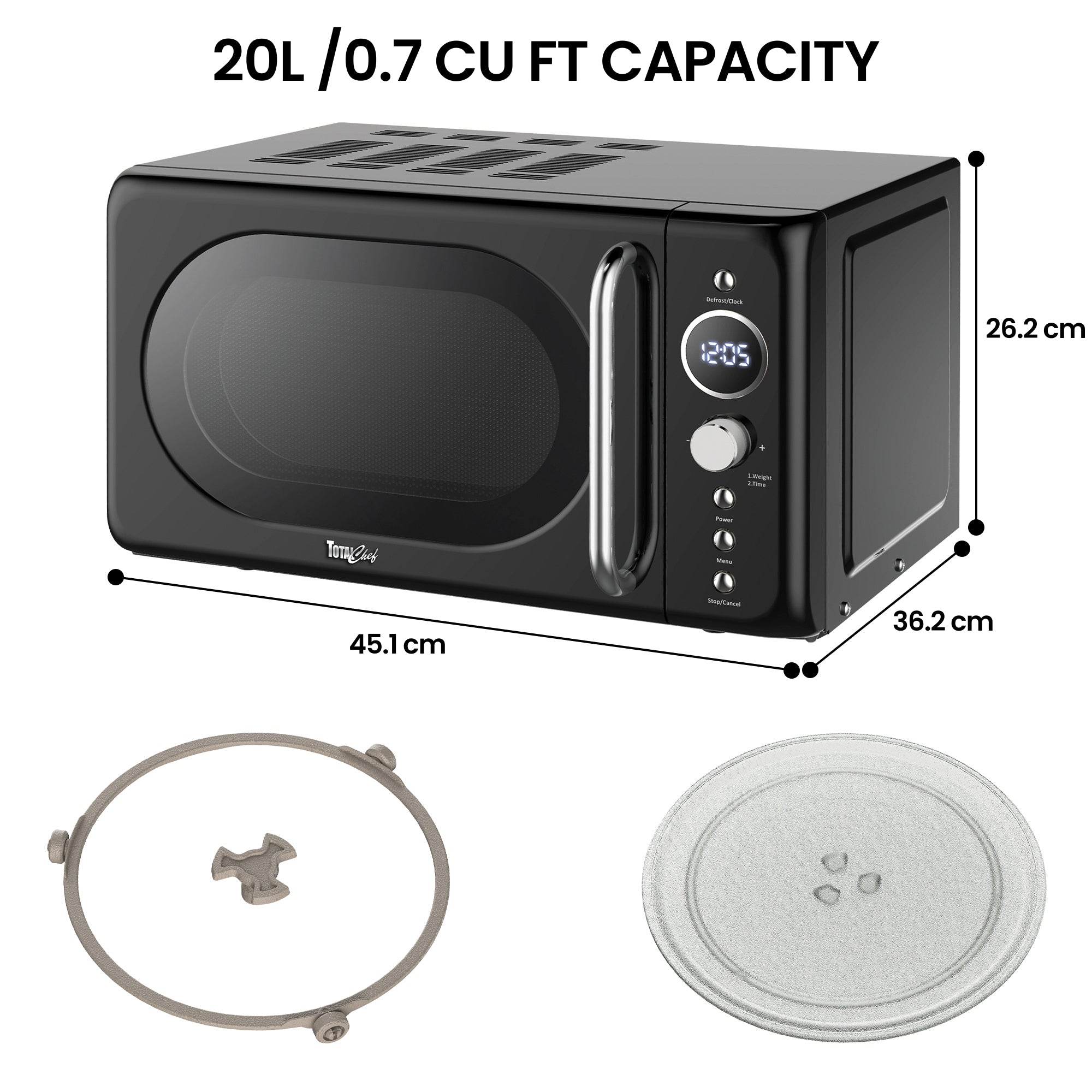 Total Chef Retro Microwave Oven | 20L | Quick Start & Defrost By Weight/Time | 8 Pre-set Cooking Modes For Coffee, Rice, Pasta, Potato, Reheat, Fish, Pizza, Popcorn | 700W | Black