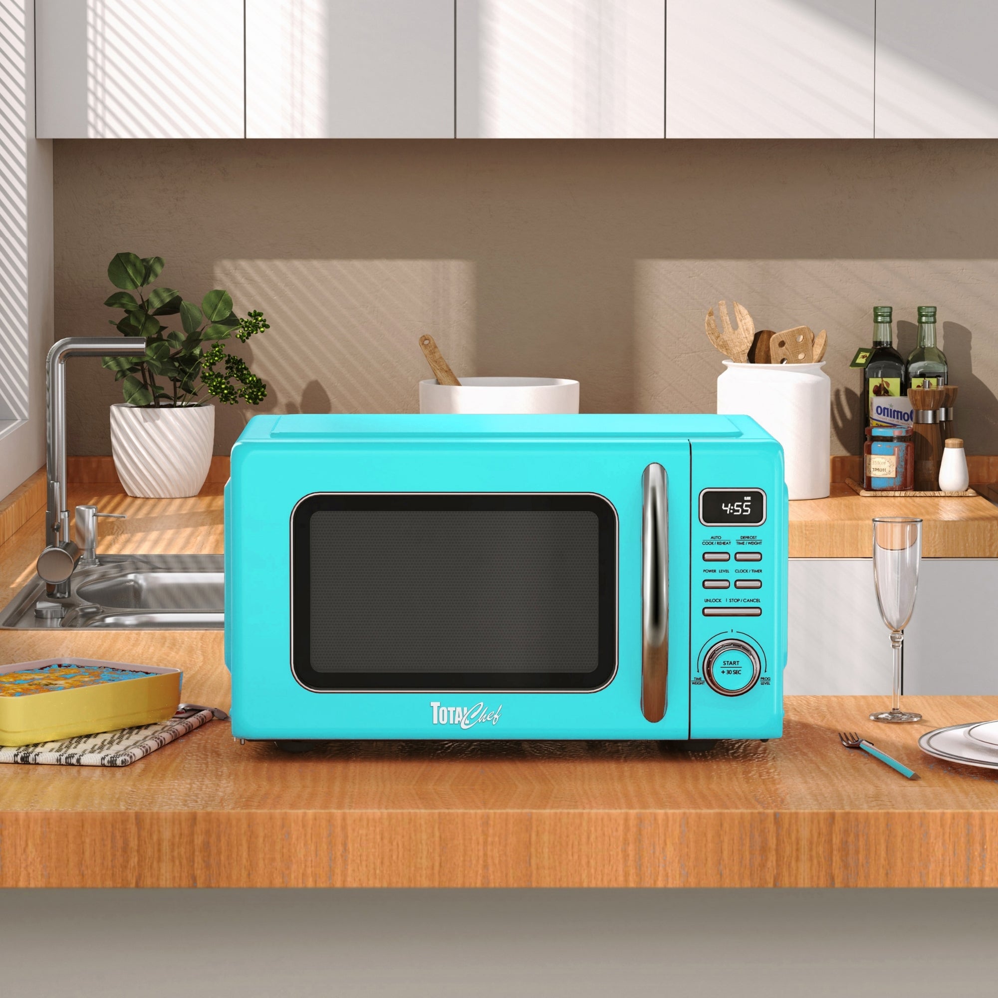 Total Chef Retro Countertop Microwave Oven 25 L – LED Display, Quick-Start, Weight/Time Defrost, 7 Auto Cook & 10 Reheat Presets, Blue