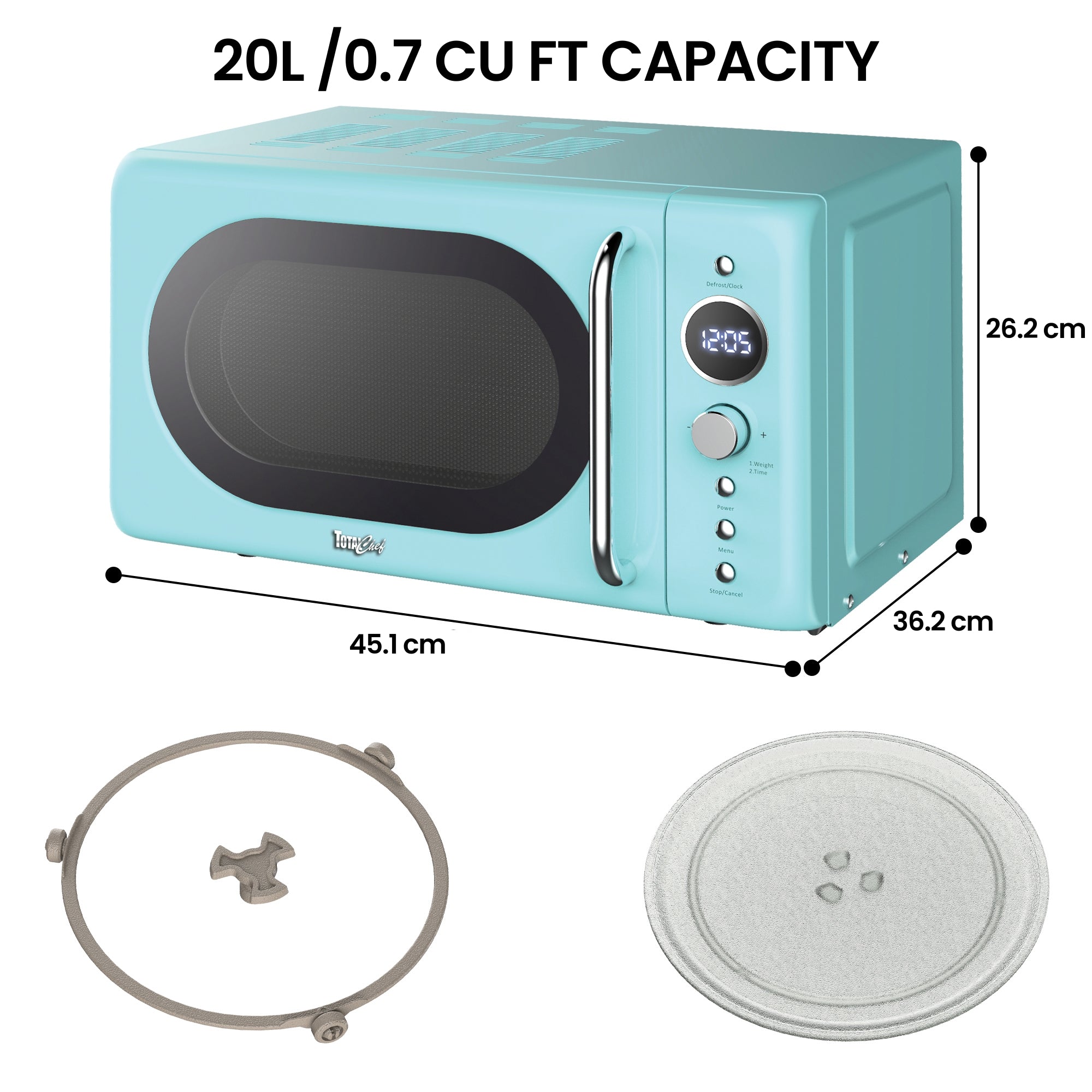 Total Chef Retro Microwave Oven, 20L Capacity, 700W Power, 8 Pre-Set Cooking Modes for Coffee, Rice, Pasta, Potato, Reheat, Fish, Pizza, Popcorn, Blue