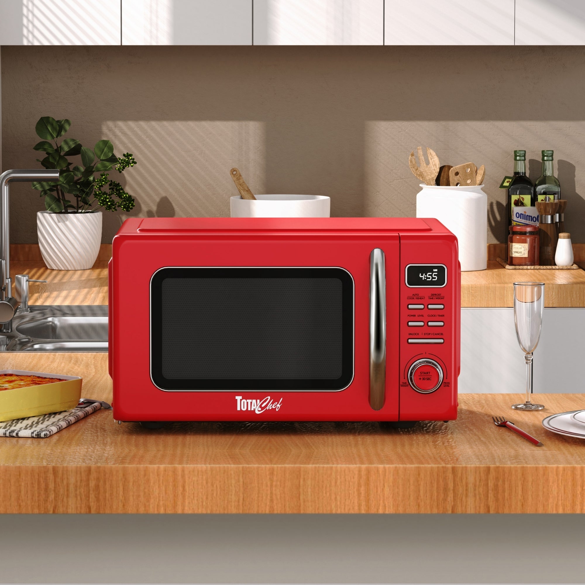 Total Chef Retro Countertop Microwave Oven 25 L – LED Display, Quick-Start, Weight/Time Defrost, 7 Auto Cook & 10 Reheat Presets, Red